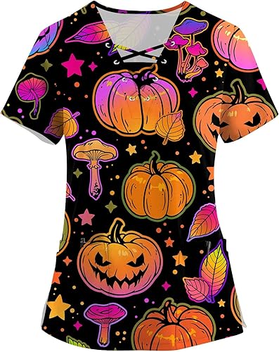 Blusa de manga corta para mujer, para Halloween, calabaza, manga corta, uniforme de trabajo, verano, cuello en V, blusa tipo túnica con bolsillo