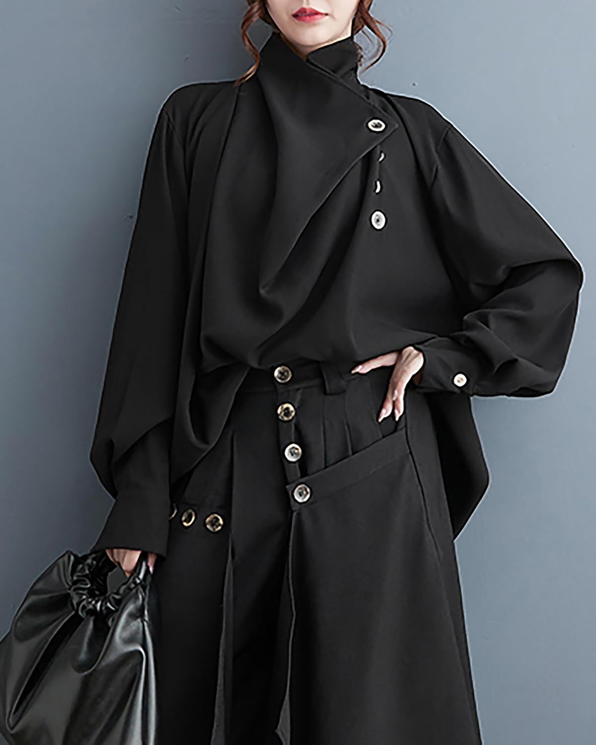 ellazhu Women's Coat Button Down Long Sleeve Pile Collar Flowy Hem Solid Loose Oversize Top GZ266 - Image 3