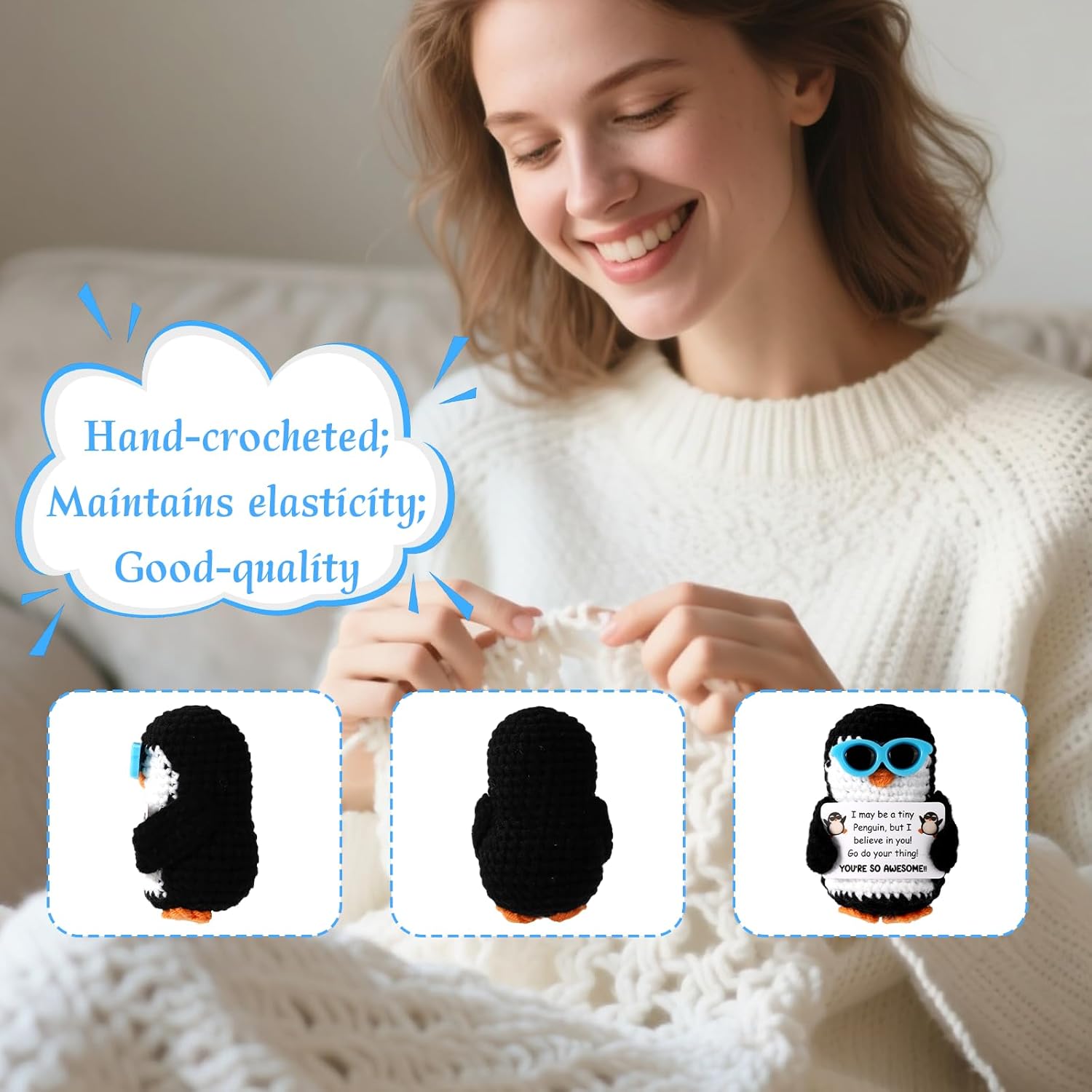 Funny, Handmade Crochet with Inspirational Card Emotional Knitted Animal Doll for Office Desk Decor Christmas Birthday Party Favors (Sunglasses Style) - Image 5