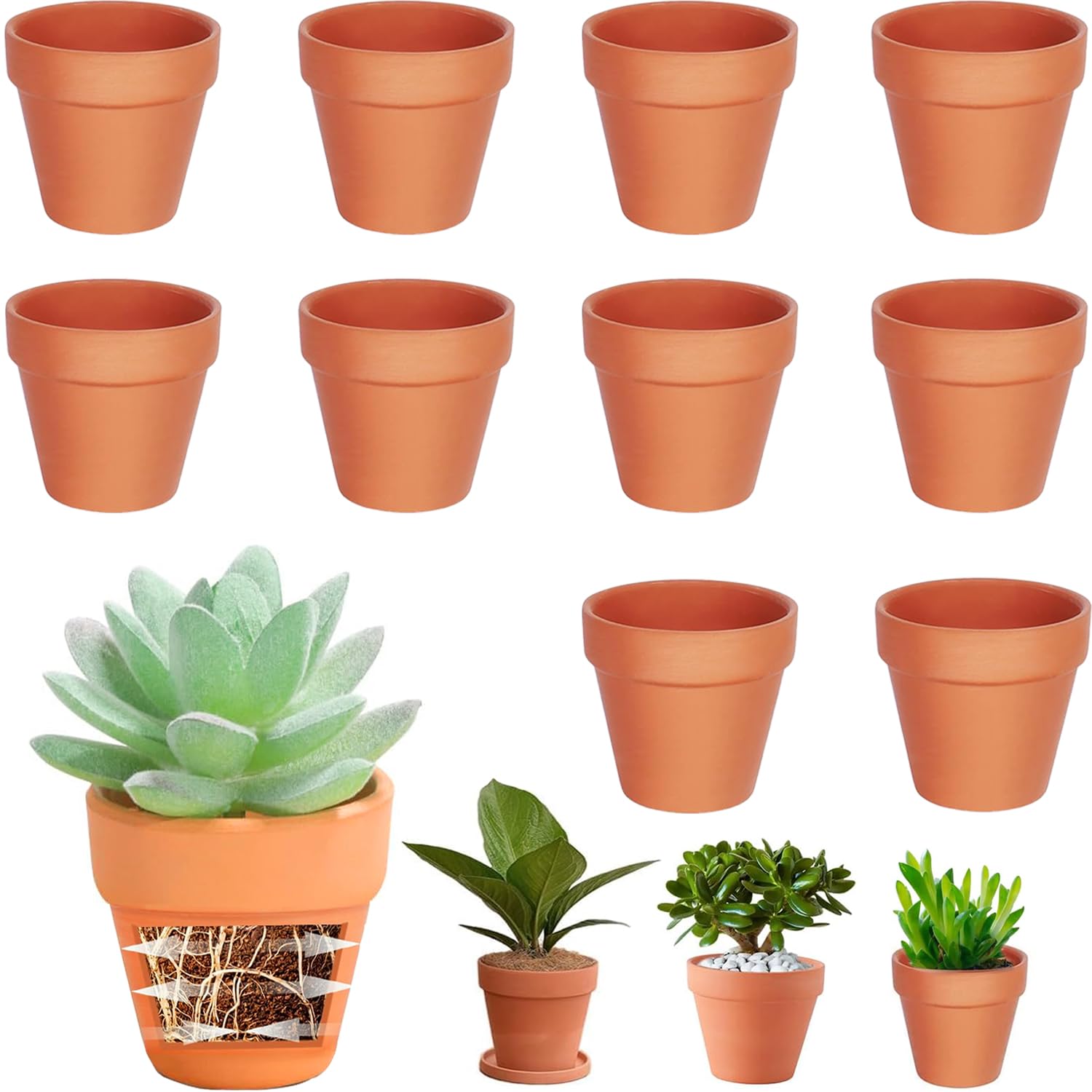 Lot de 10 Pots en Terre Cuite de 10 x 8 cm, Petits Pots en Argile avec Trou de Drainage, Mini Pot en Terre Cuite, Pot Terre Cuite Réutilisable pour Chambre Bureau