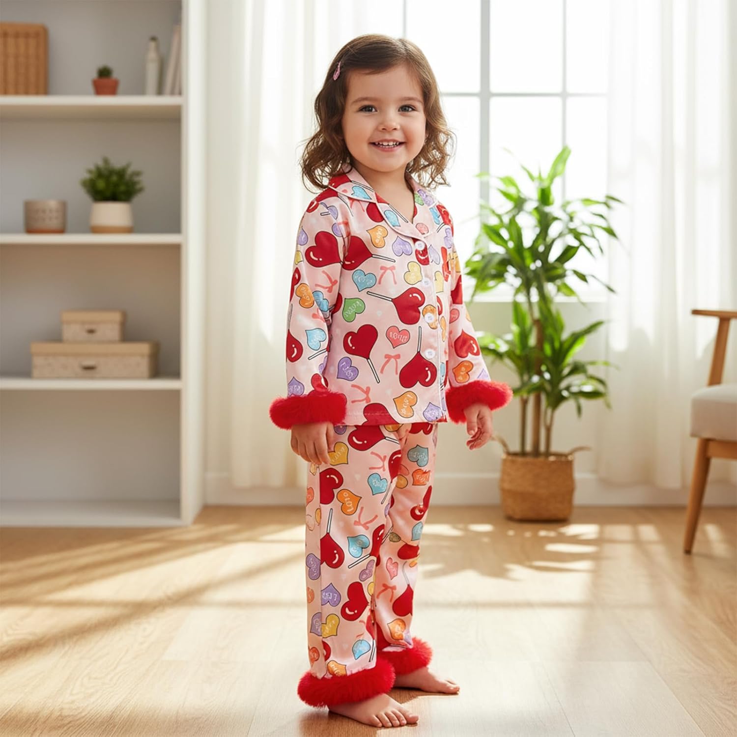 Kids Girls Christmas Valentines Pajamas Cute Print Button Down Tops + Pants Toddler Satin Sleepwear Silk Pajama Set - Image 2