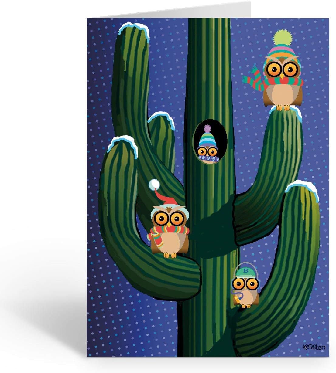 Stonehouse Collection | Custom Holiday Saguaro Cactus & Owls Christmas Card | 24 Personalized Desert Western Cards & Envelopes - USA Made (Personalized)