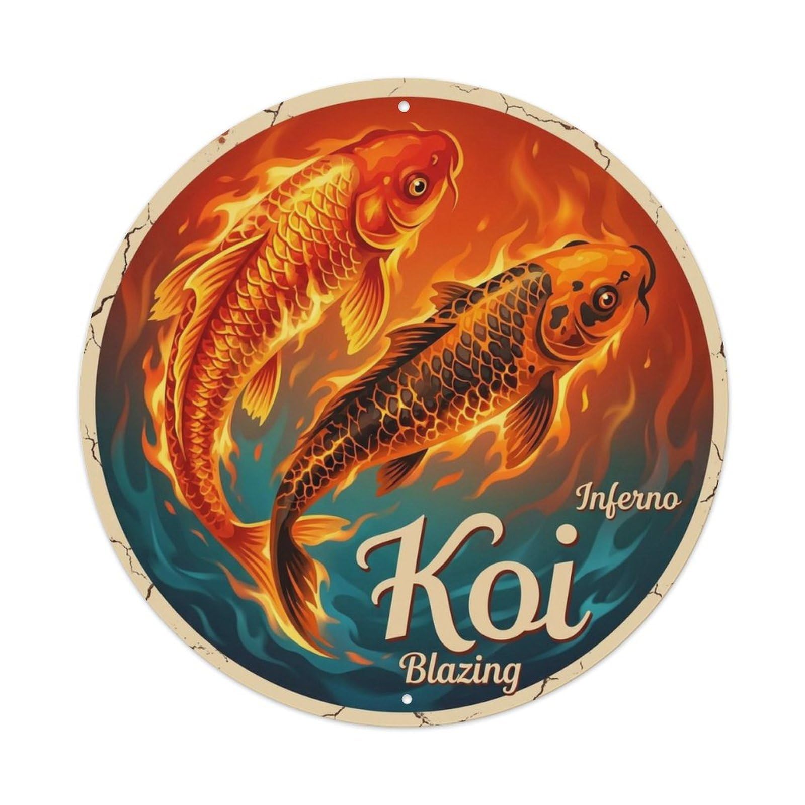 Koi Carp Inferno Water Garden Prosperity Metal Tin Sign Plaque Wall Decor for Cafe, Man Cave, Club Bar, Office, Home Garden Round Metal Poster 8x8Inch