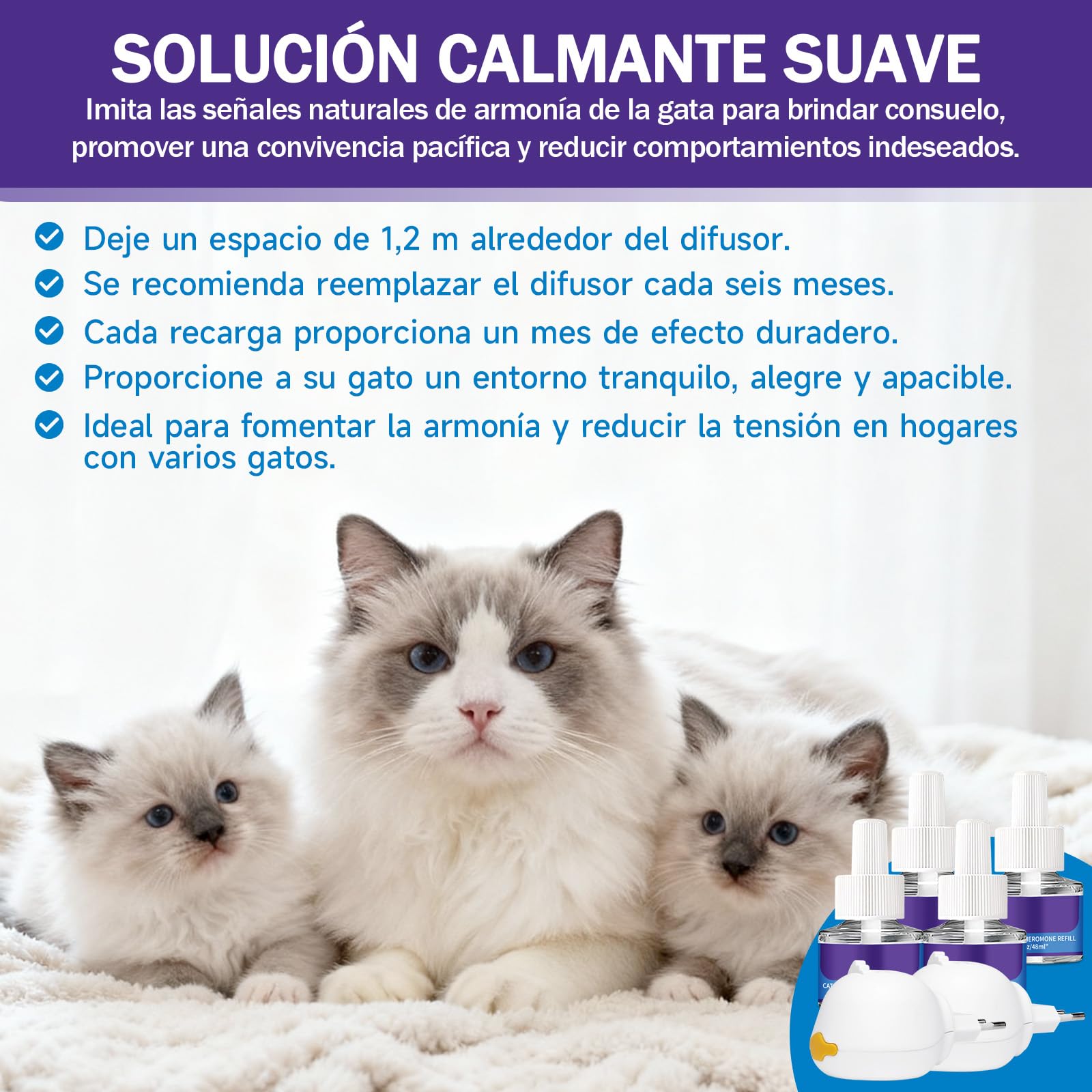 Difusor de Feromonas para Gatos - Enchufe Calmante para Relajación, Kit con 2 Difusores + 4 Recargas de 48ml - 4 Meses de Confort