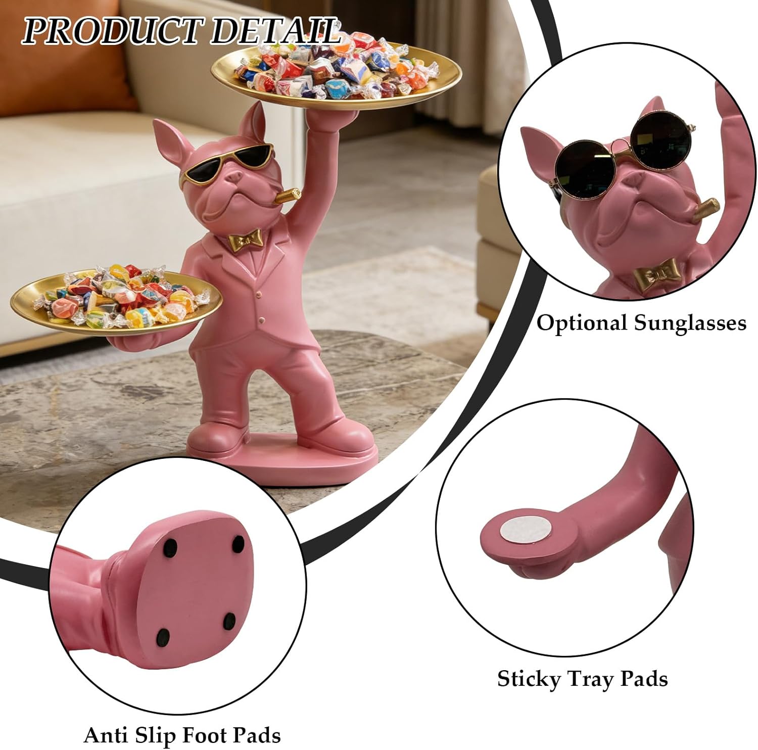Huhote Candy Dish French Bulldog Decor Tray Statue, Key Holder Bowl Modern, French Bulldog Accessories Candy Bowl for Office Desk Home Decor Figurines Entryway Table Decor (Pink)