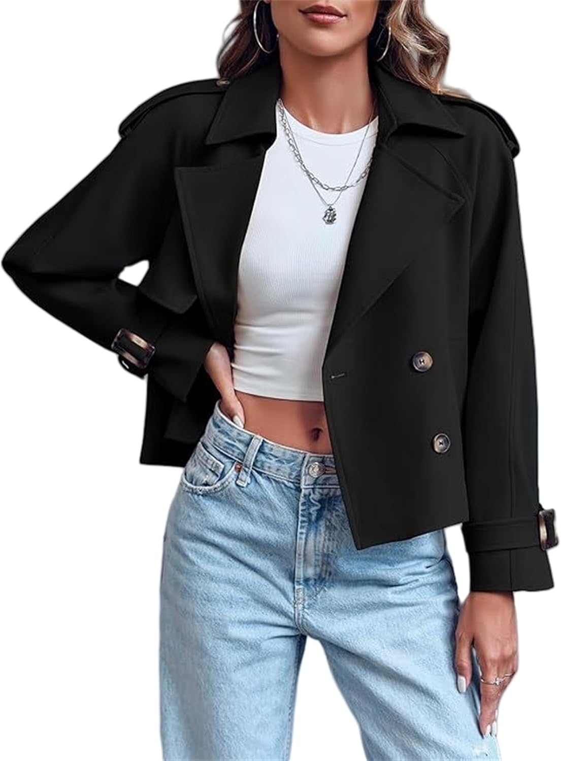 Women Crop Double Breasted Trench Coat Classic Double-Breasted Lapel Cropped Jacket, Fall Casual Work Lightweight Trench Coat