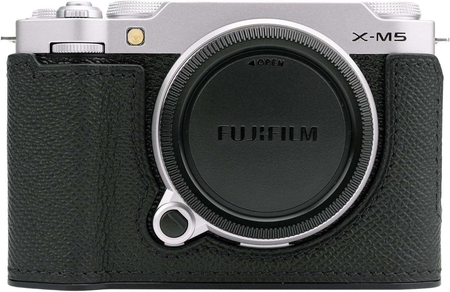 Handmade Genuine Leather Camera Half Case for Fujifilm X-M5/Fujifilm X-M5 Case - Top Layer Cowhide Body + Metal Base Plate (Black & Black Link)