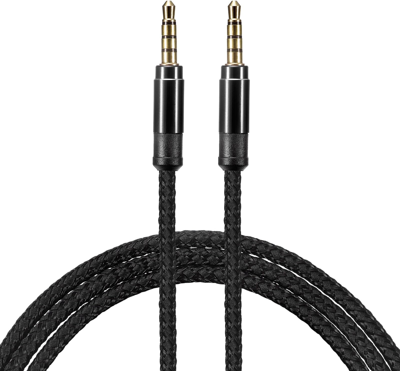 2 Pack Aux Cable 3.5mm Male to Male Nylon Braided 5Ft 4 Pole Hi-Fi Stereo Sound Auxiliary Cord Black for Earphones, Smart Phones, Home/Car Stereos, Speakers, Computers