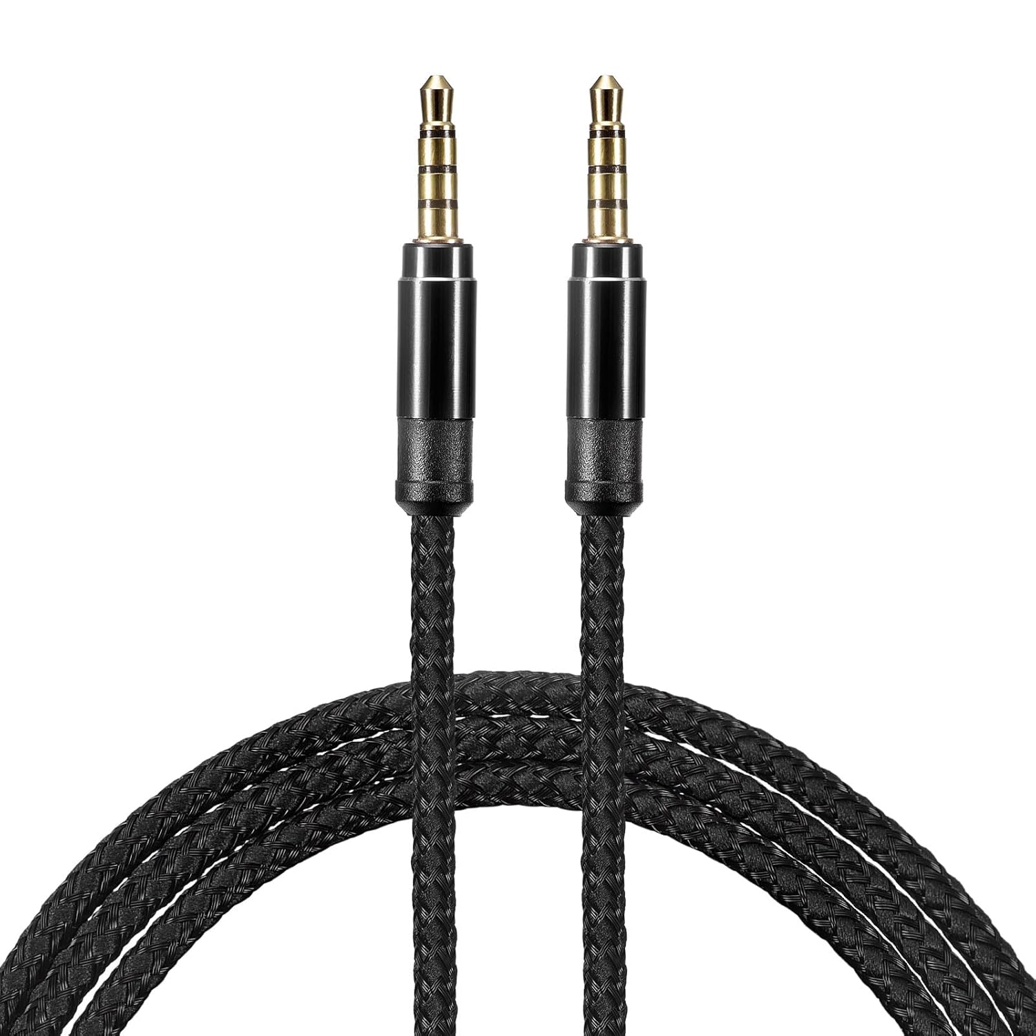 MECCANIXITY 2 Pack Aux Cable 3.5mm Male to Male Nylon Braided 5Ft 4 Pole Hi-Fi Stereo Sound Auxiliary Cord Black for Earphones, Smart Phones, Home/Car Stereos, Speakers, Computers