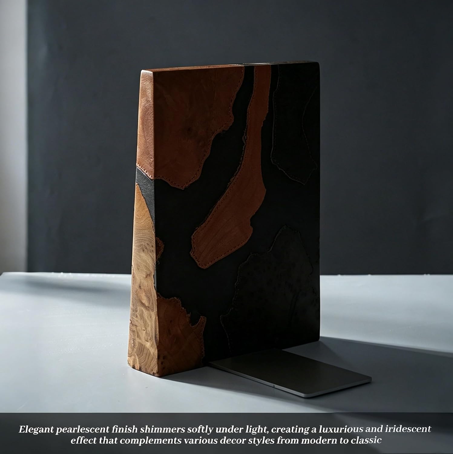 Pearlescent Black Resin Bookends, Burl Wood Book Ends for Shelves – Unique Decorative Book Supports for Study Office, Elegant Gift for Home Library (Pearlescent Black)