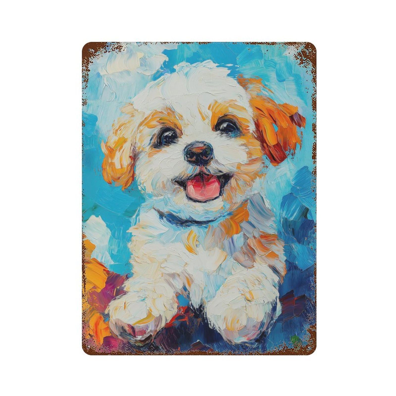 Cute Puppy Painting 15.7"x11.8" Weathered Tin Sign, Shabby Chic Decor for Farmhouse, Kitchen And Entryway Decor