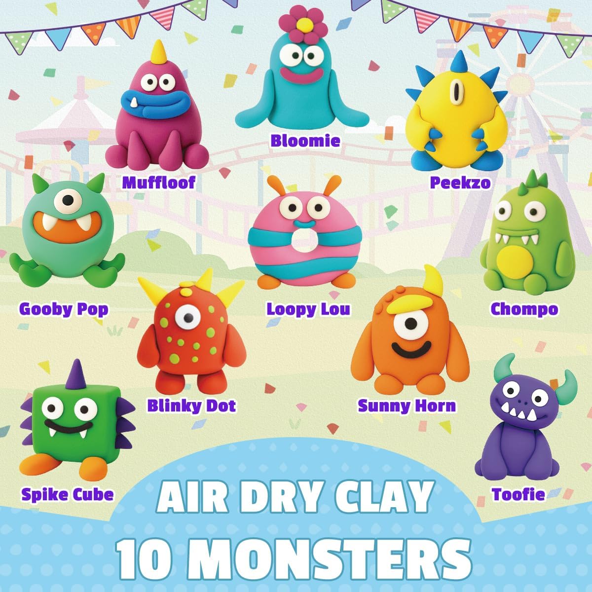 Monster Air Dry Clay Kits for Kids, 10 DIY Monster Theme Modeling Clay, Story Cards Tools, Ultra Light & Soft, Non-Toxic, Home School Projects Party Favor Bags for Boys Girls Gifts