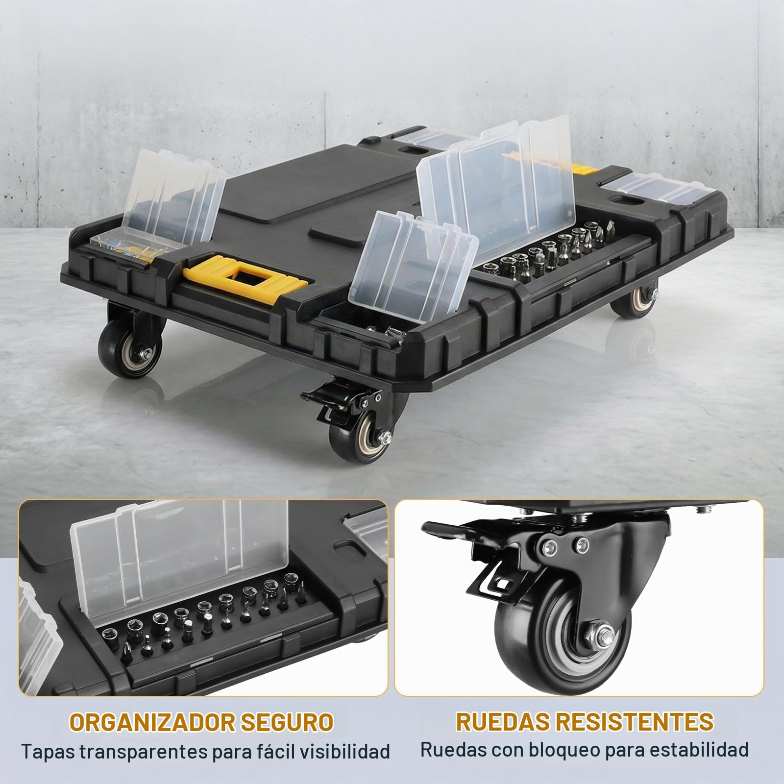 Caja de Herramienta 4 en 1, Carro Modular de Apilamiento con Ruedas, Cajones y Cierres de metal, Organizador de Taller para garaje y hogar, Carga 203kg, 44,5 x 35 x 52 cm