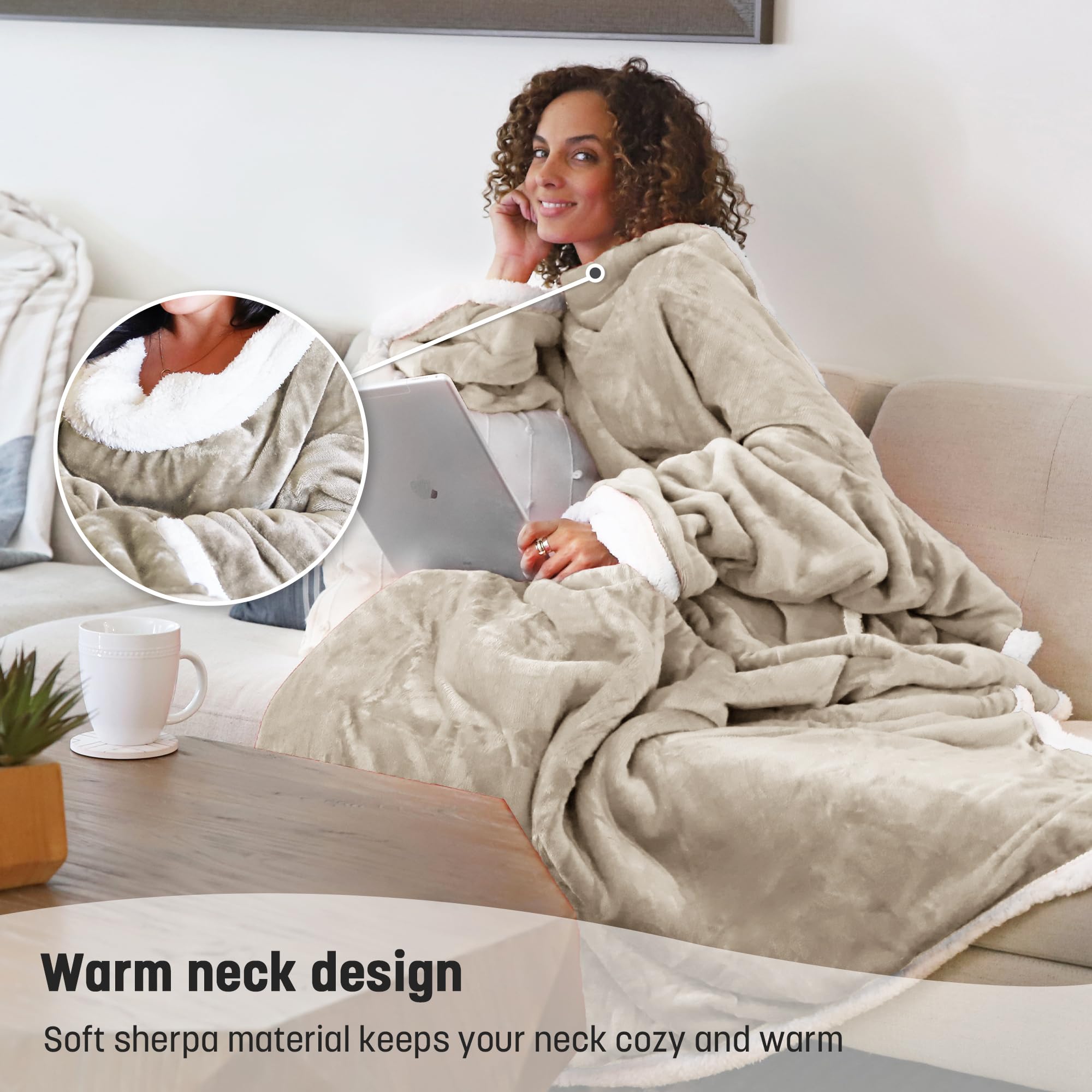 Catalonia Classy Couverture Portable Sherpa avec Manches, Super Douce et Confortable, Grande Polaire à Manches en Peluche TV, Couverture enveloppante pour Femmes et Hommes Adultes 185cm x 140cm