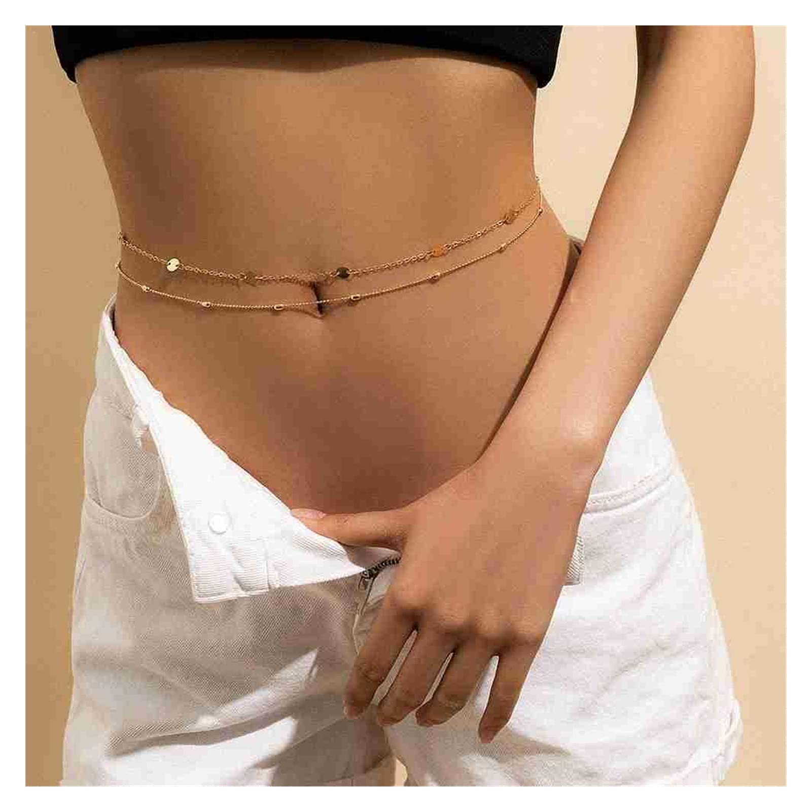Body Chain Damen Kette - Goldfarbene einfache Strandkette mit Kreuzband für Taille und Bauch - Schwarze Harnaskette - Edler Schmuck für Damen - Accessoires