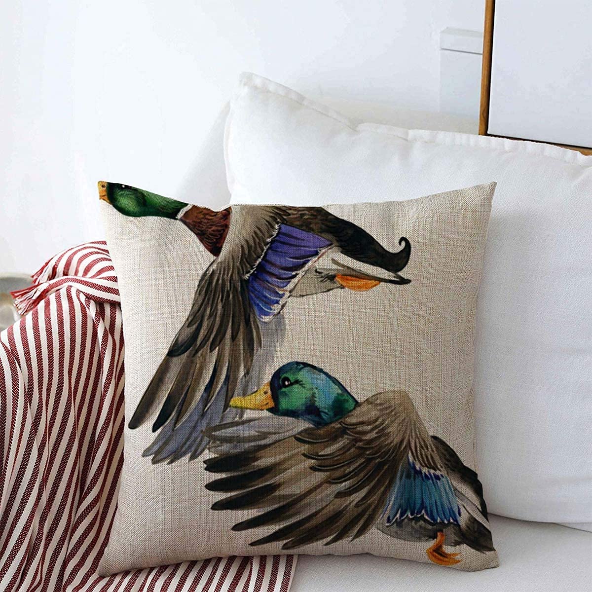 Zhung Ree Decorative Throw Pillow Cushion Covers for Couch Brown Bird Wild Duck Mallard Watercolor Hunting Animals Wildlife Colorful Flying Water Autumn Beak Cotton Linen Sofa Pillows Case 16x16 Inch