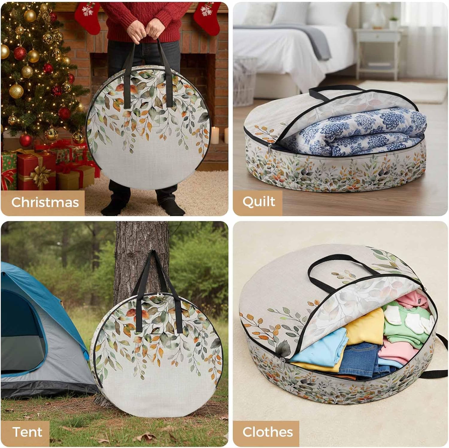 Fall Sage Round Storage Bag 36 Inch, Green Eucalyptus Leaves Linen Background Clothes Storage Container with Handles Heavy Duty Organizer for Comforter, Bedding & Holiday Wreaths