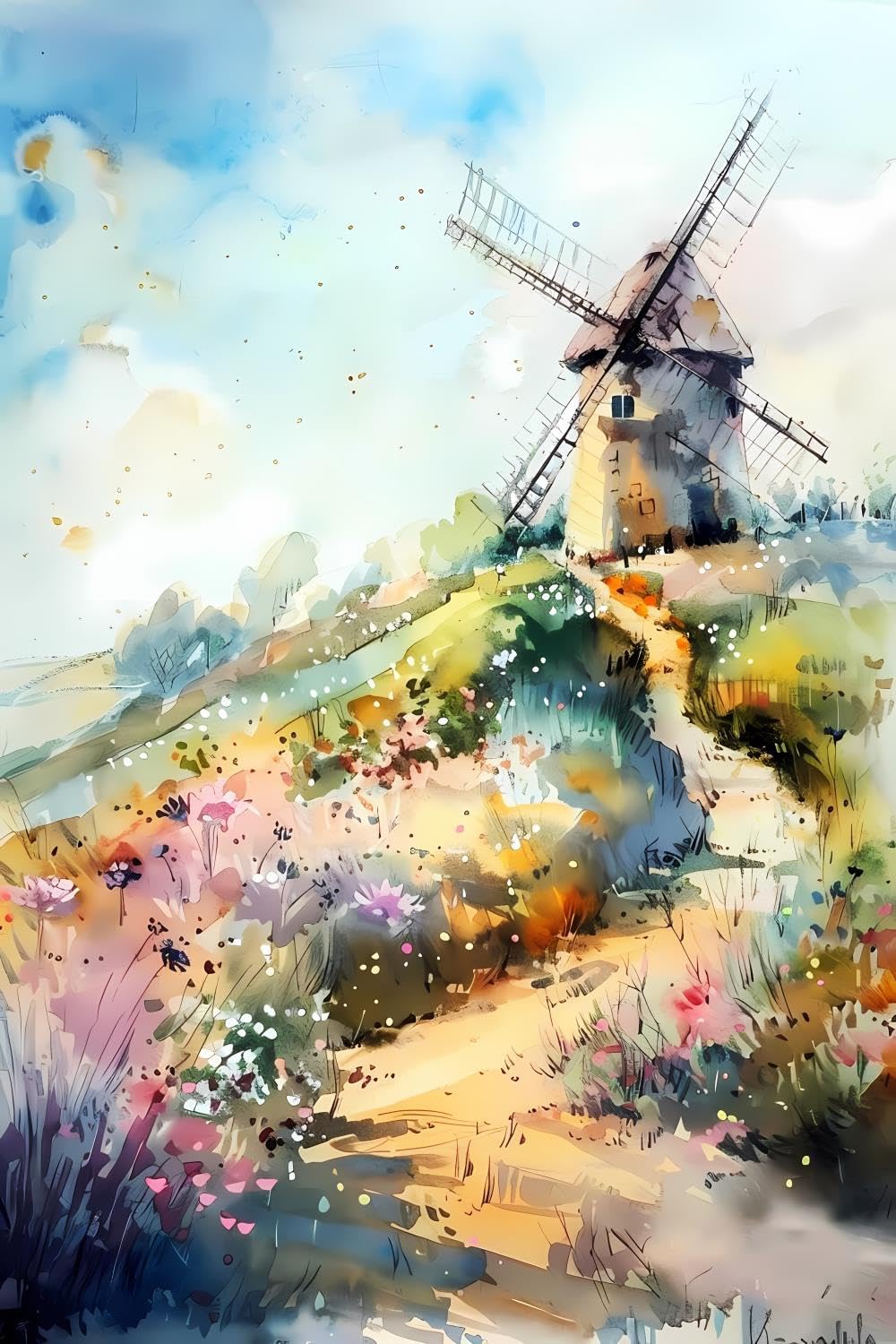5D Adult Diamond Painting Kit Watercolor Landscape with Windmill and Flowers Diamond Painting Full Diamond Gemstone Painting Suitable for Relieving Emotions Windmill Diamond Dots Art Crafts 20x30 inch