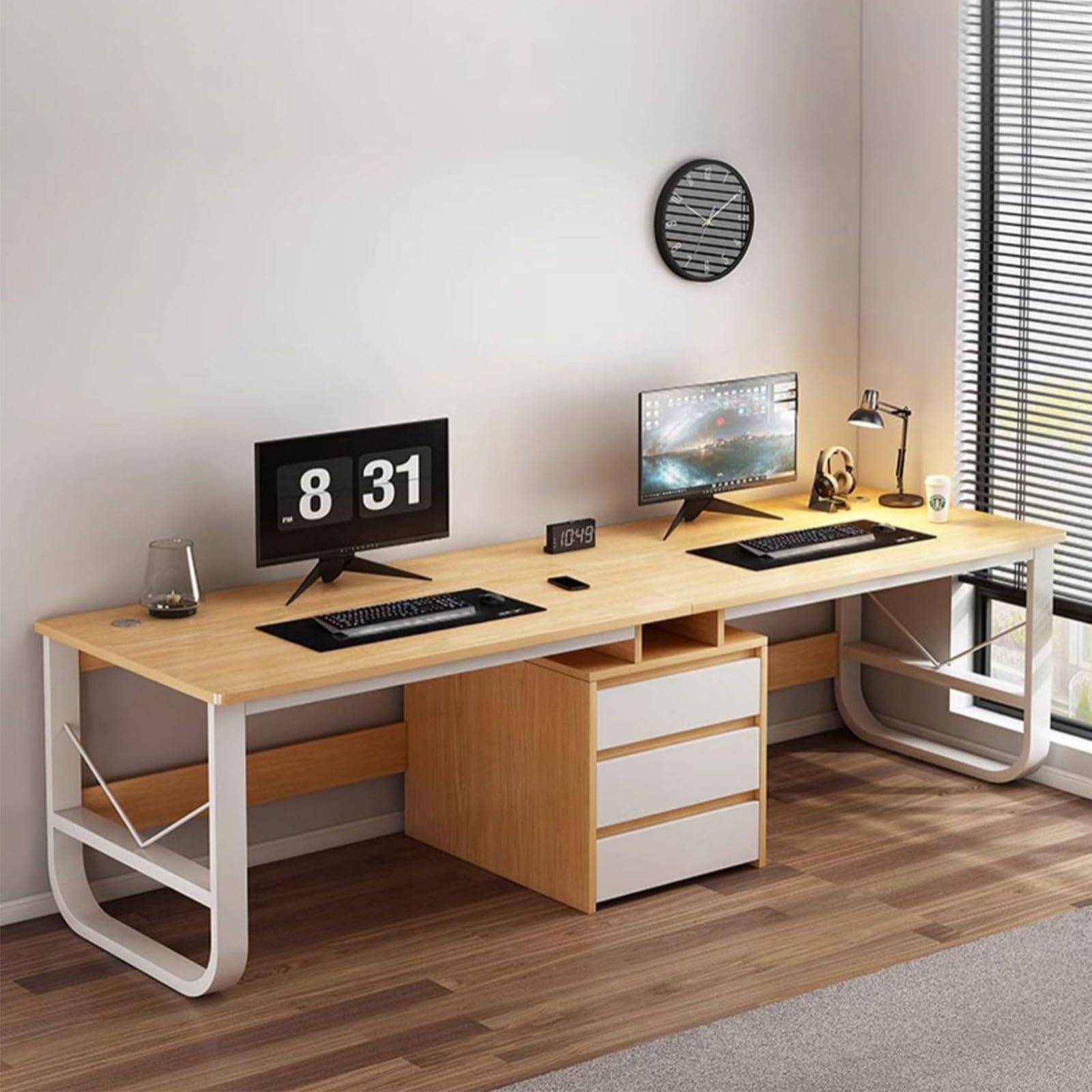 Escritorio para dos personas para oficina en casa con 3 cajones de almacenamiento, mesa de trabajo doble de madera ancha, escritorio largo para ordenador de juegos y para escribir light brown,200cm