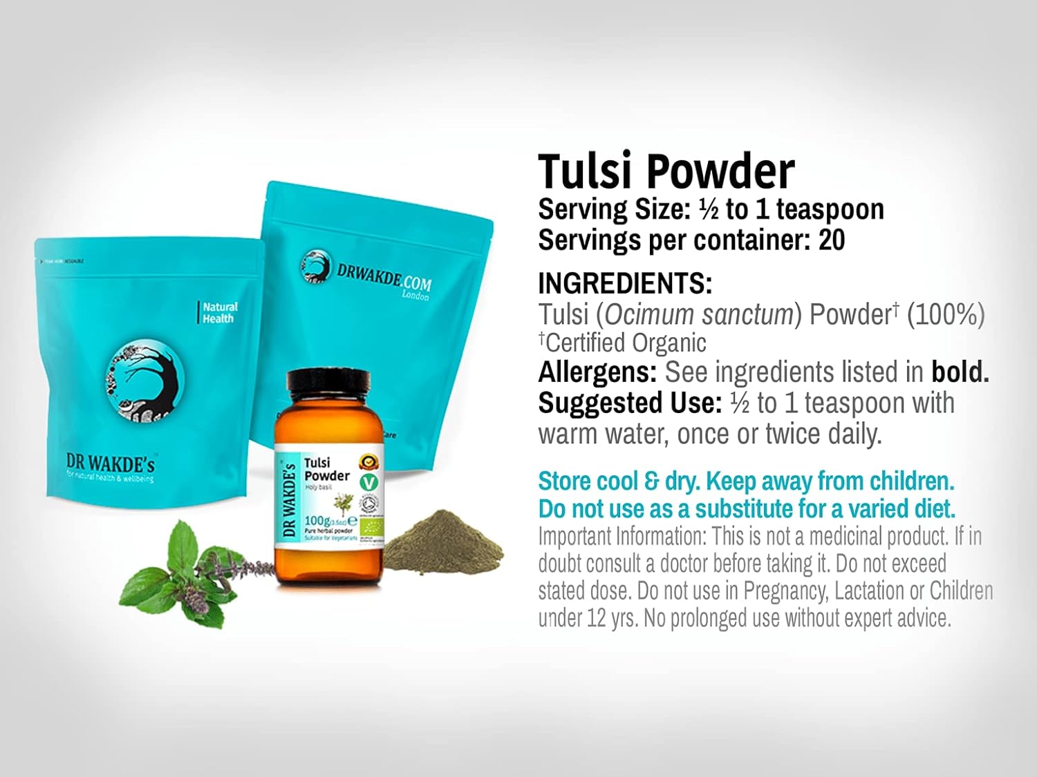 DR WAKDE'S Tulsi Powder (Holy Basil | Ocimum Sanctum) - 500g (1.1lb) | Pure, Raw & Dried Powder | Natural Aroma and Freshness | Fine Powder | Vegan | Premium Grade | Nothing Added, Nothing Removed