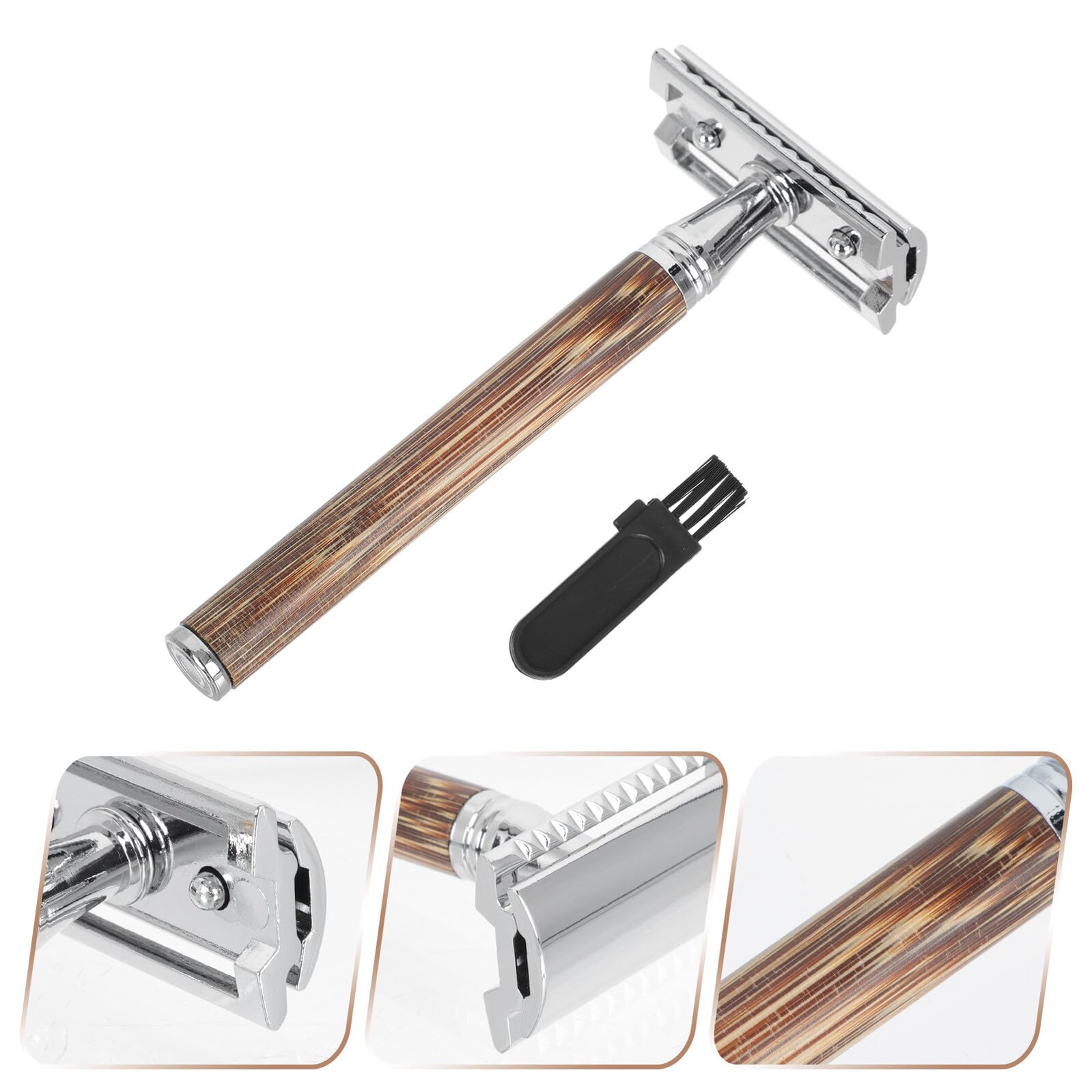 Rasoio Manuale Professionale con Manico in Bamboo Doppia Lama per Barba Strumento Sicuro per Rasatura Manuale Uomo Adatto Uso Casalingo e Barbiere