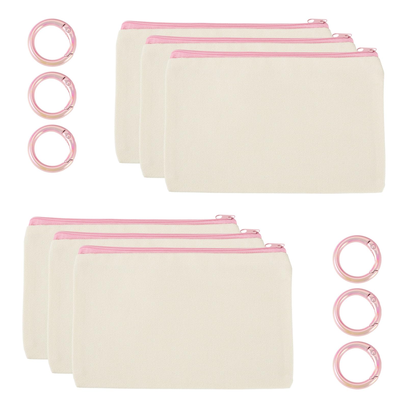 Bestewelry 6 pcs Canvas Bags Rectangle Blank Canvas Makeup Bags Pencil Cases with Rings for Students School Storage Women Travel Makeup Organizer, Pink