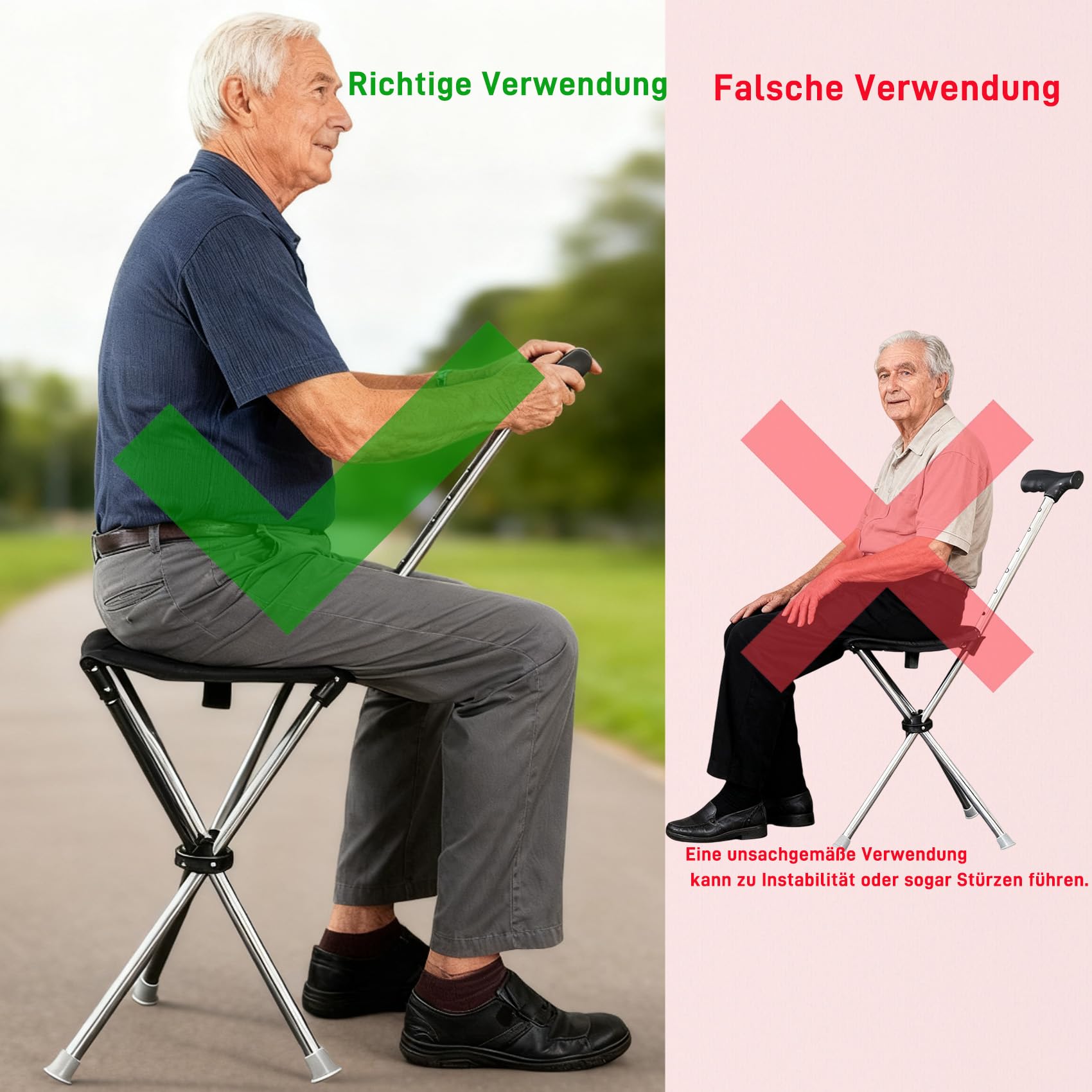Bastón plegable con función de asiento, altura de 80 – 90 cm, capacidad de carga de 150 kg, base de silicona antideslizante, para personas mayores de 140 – 190 cm, ideal para exteriores