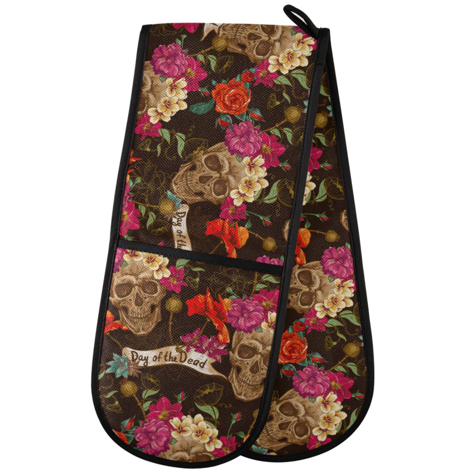 ZZXXB Day of the Dead Skull Rose Flower Double Oven Mitt Heat Resistant Non-Slip Kitchen Gloves Extra Long 7" x 35" for Cooking Baking Barbecue Grilling — image 1