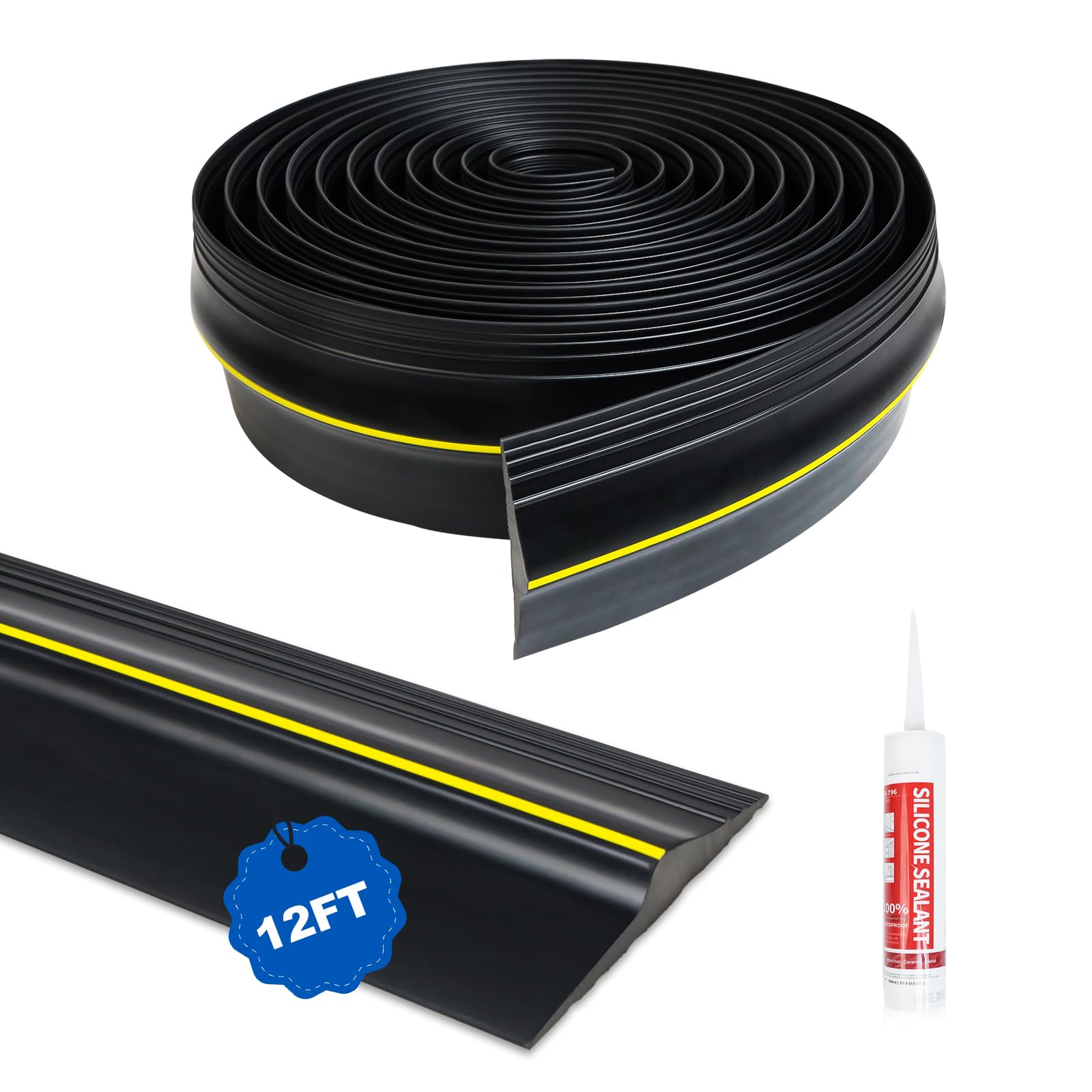 DGSL Universal Garage Door Seal Strip with Sealants/Adhesive, 12ft Waterproof Garage Door Weather Stripping Replacement Black