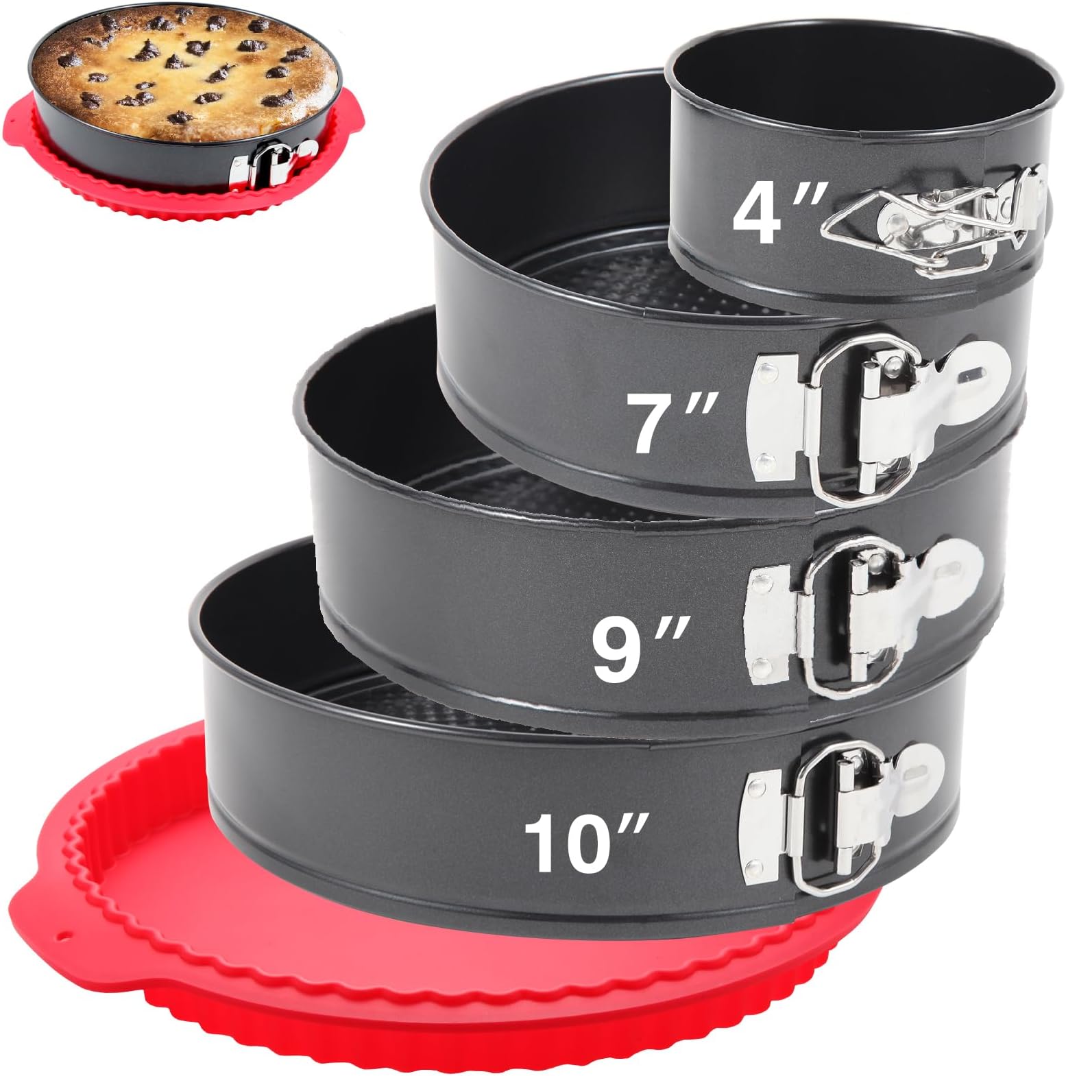 Premium Springform Pan Set - 4, 7, 9, 10 Inches Round Cake Pan set with Removable Bottom for Baking, Nonstick Coating, with Thickened Silicone Cheesecake Pan Protector