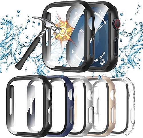 Paquete de 5 fundas impermeables para Apple Watch de 1.772 pulgadas Series 9, 8, 7 con protector de pantalla de vidrio templado, carcasa protectora