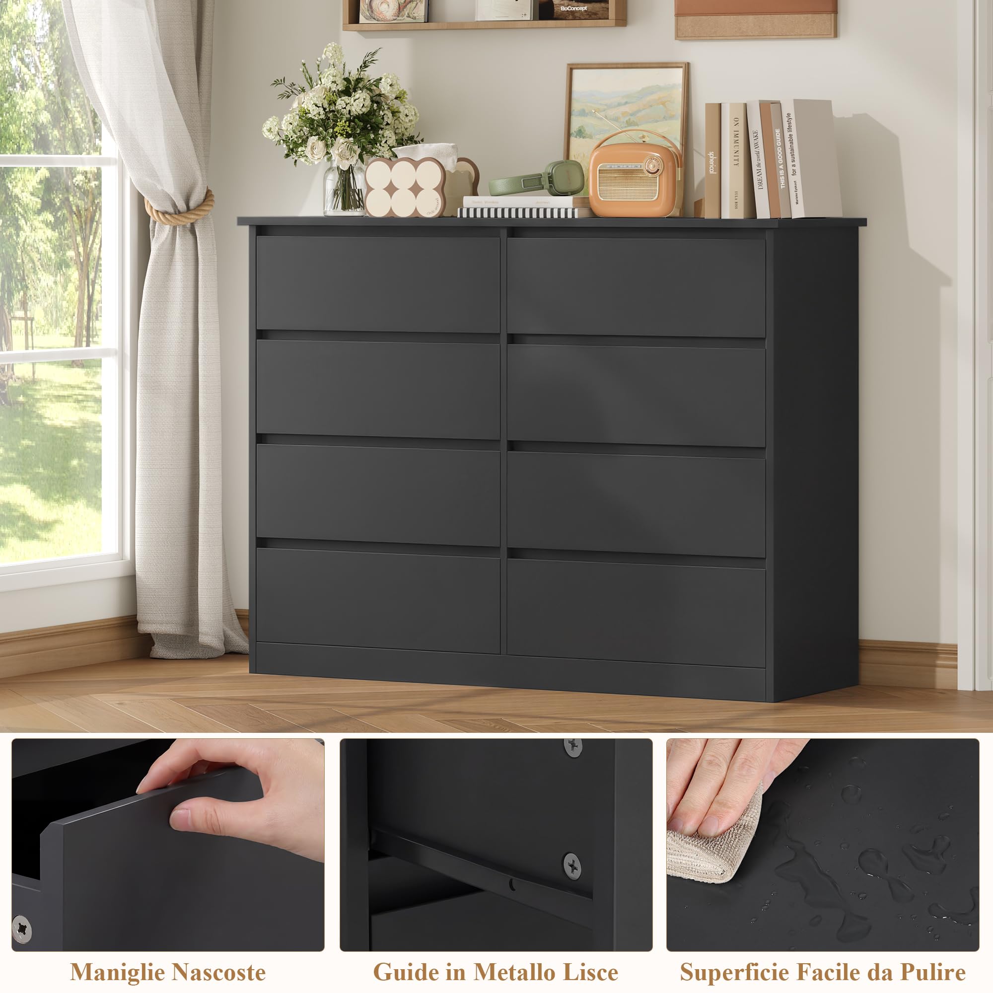 FOREHILL 120 cm Cassettiera con 8 Cassetti, Cassettiera Camera da Letto, Comò Camera da Letto, Mobile con Cassetti Moderna, per Corridoio, Soggiorno, 120x39,5x96cm (Nero)