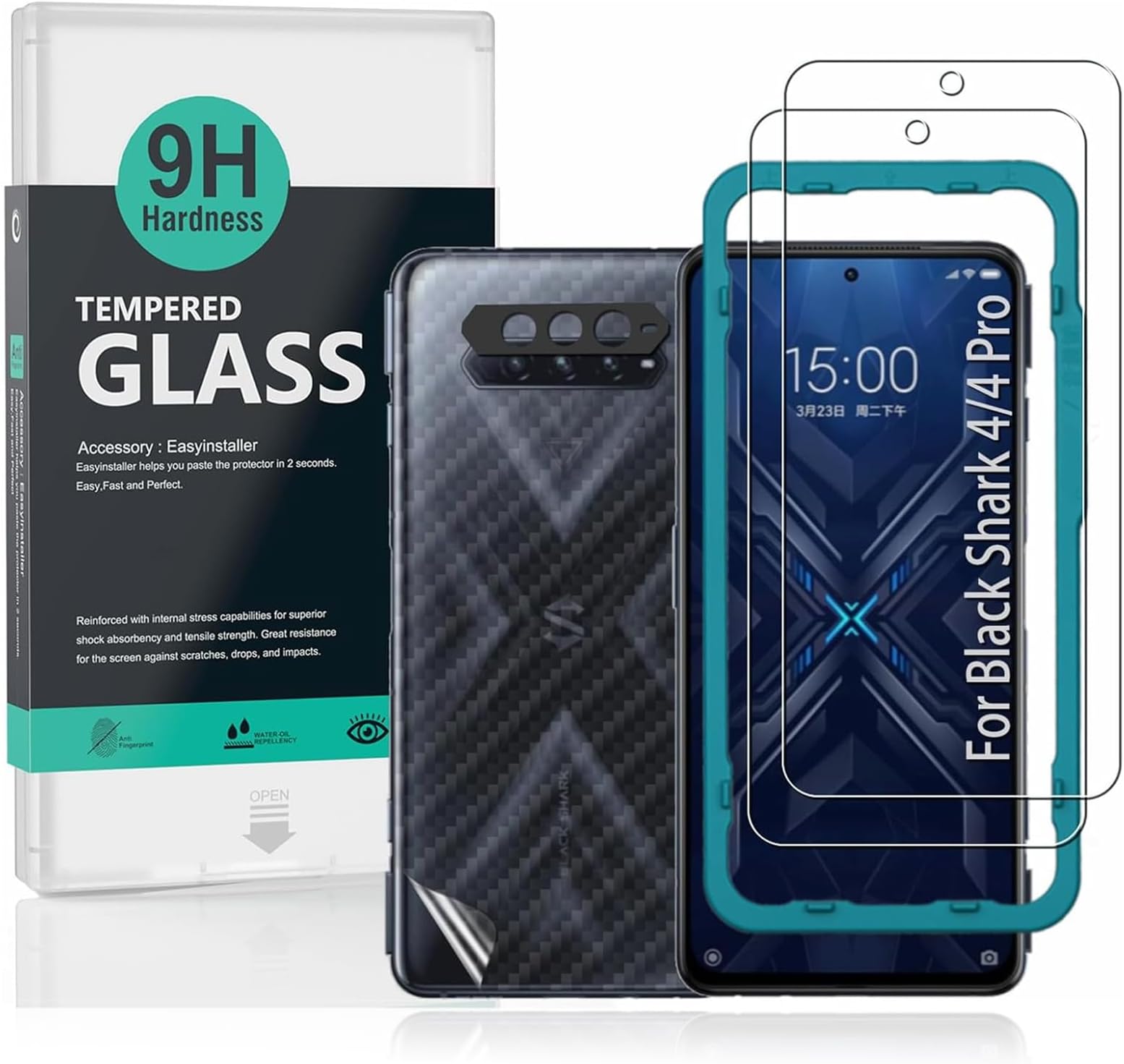 Screen Protector (2 Pack) For Blackshark 4/4 Pro,9H Hardness Tempered Glass,With 1Pc Metal Camera Lens Protector,1Pc Back Protector,Easy to Install