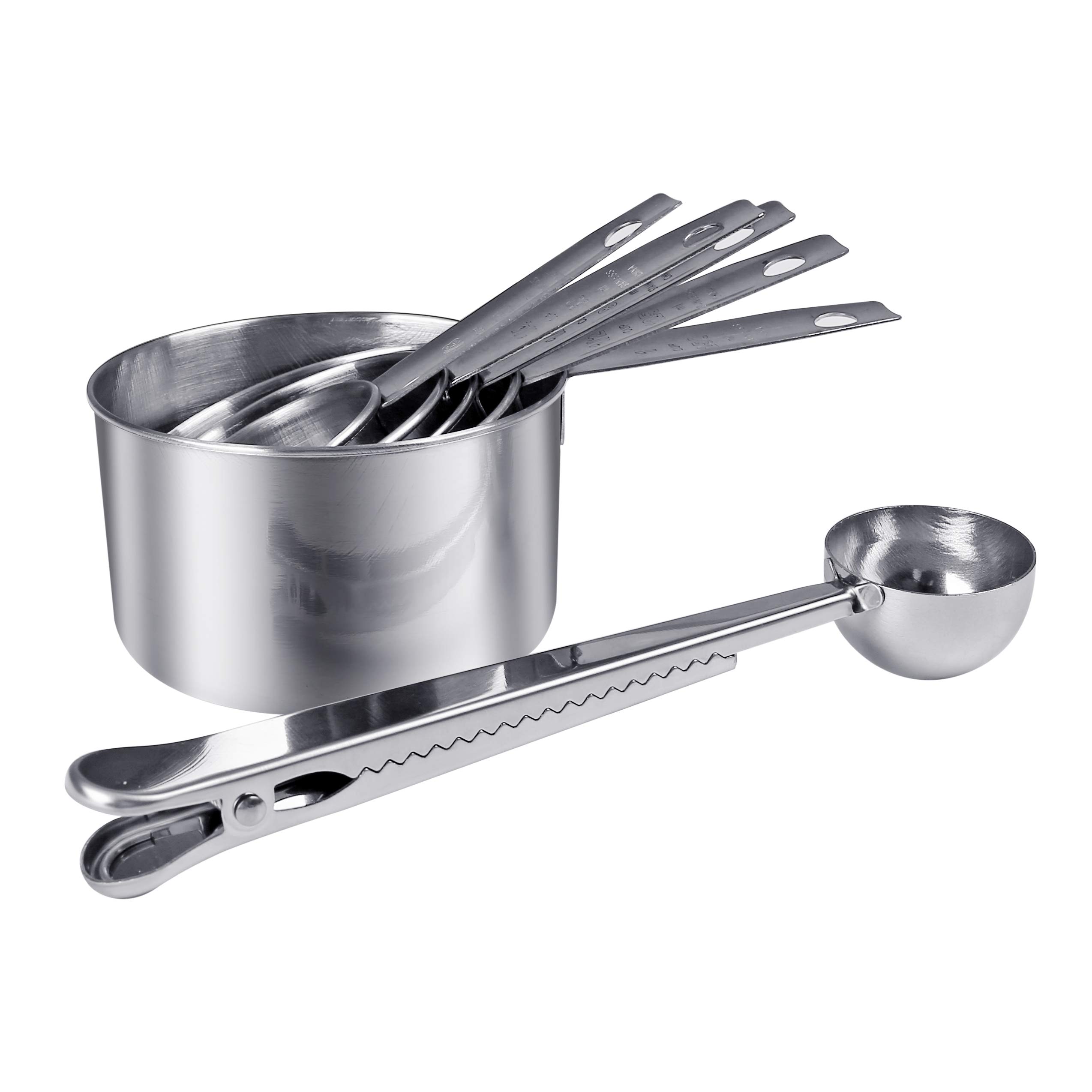 BOBIPRO Measuring Cup Set，5 Piece Stainless Steel Measuring Cups and 1 Coffee Scoop Clip,Metal Measuring Cups for Baking and Cooking