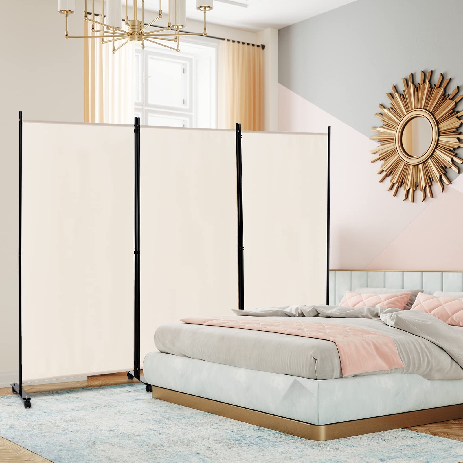 COSTWAY Biombo Separador de Ambientes de 3 Panel con Ruedas Bloqueables, Pared de Separador, Separador de Privacidad Independiente para Sala de Estar, Dormitorio