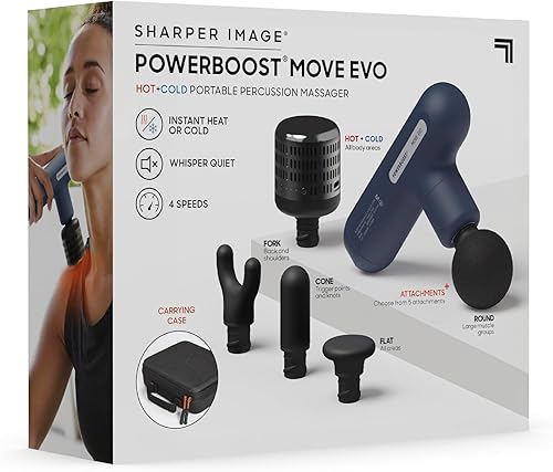Miniatura 9 de Sharper Image Powerboost Move Evo - Mini pistola de masaje de percusión caliente + fría, 4 velocidades, 5 accesorios, estuche de viaje, terapia de