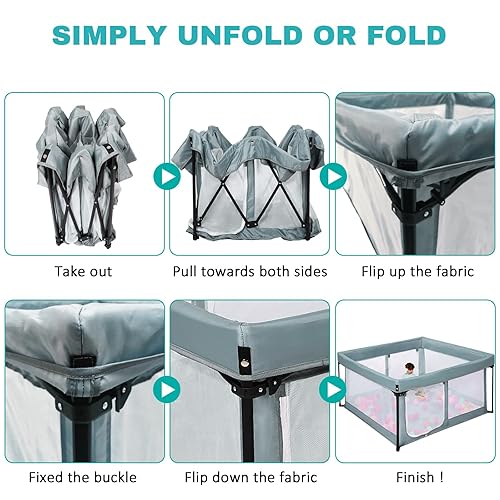 Miniatura 4 de Corralito portátil para bebés con suelo acolchado, patio de juegos plegable para bebés y niños pequeños, cerca para interiores y exteriores (gris,