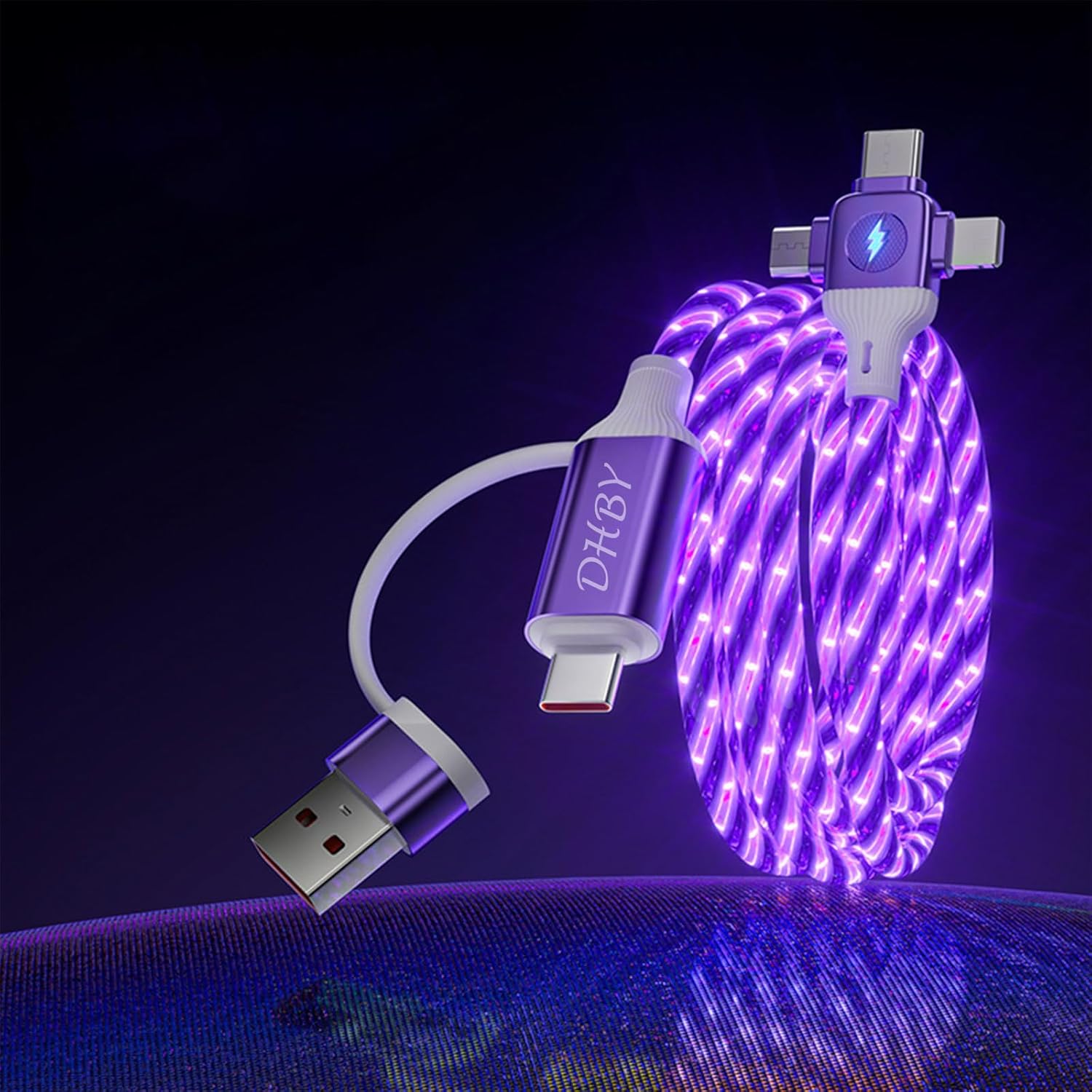 6 Combinations Multi Ports USB Charger Cable USB A/USBC to Micro USB/Type C PD Fast Charging Cord Light Up Blue Current to be a Night Light Compatible with Most of devices-39 inches Blue