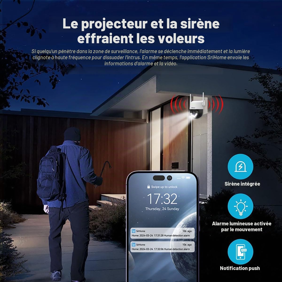 SRIHOME 8MP 2.4/5GHz PTZ caméra de Surveillance WiFi extérieure 3X électronique Zoom Suivi Automatique détection Humaine Audio Vision Nocturne bidirectionnelle