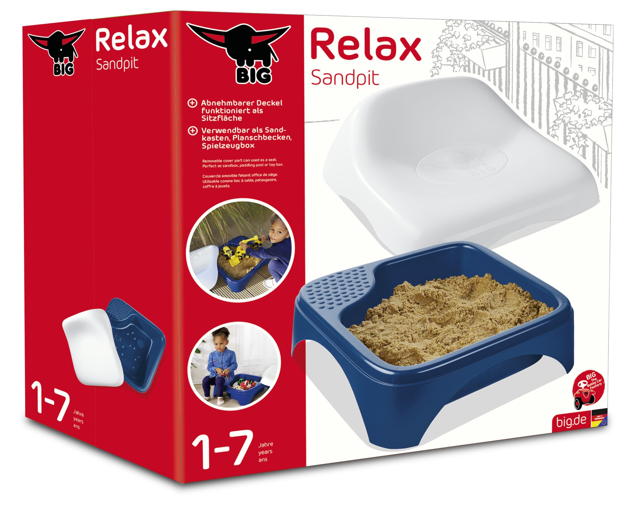 BIG Relax Sabbiera (53 x 54 x 25 cm) – sabbiera Multifunzionale con Copertura e Seduta per Bambini da 1 a 5 Anni, sabbiera da Balcone e Contenitore per Interni ed Esterni