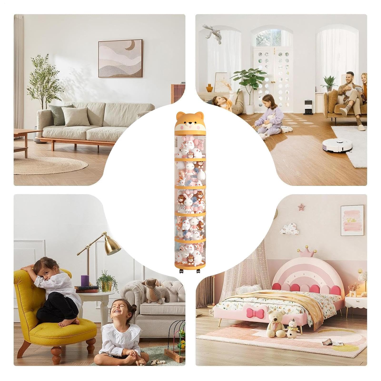 Porte-animaux en peluche - Cylindre porte-objets en peluche, conteneur vertical à roulettes, organisateur en colonne en tissu, solution pour la décoration de la maison, équipement pour le
