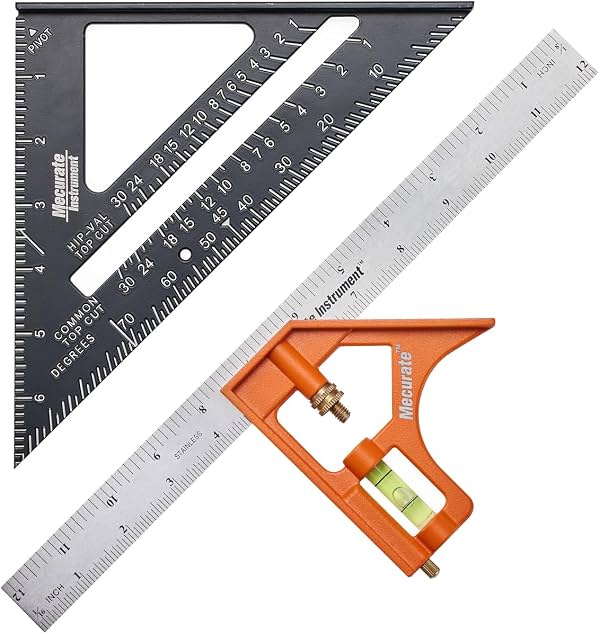 Juego de escuadra de cabio Mecurate de 7 pulgadas y escuadra combinada de 12 pulgadas | Escuadra de cabio de fundición y escuadra combinada ajustable con escalas grabadas, nivel y punta de trazar para marcar ángulos, profundidad y trazado.