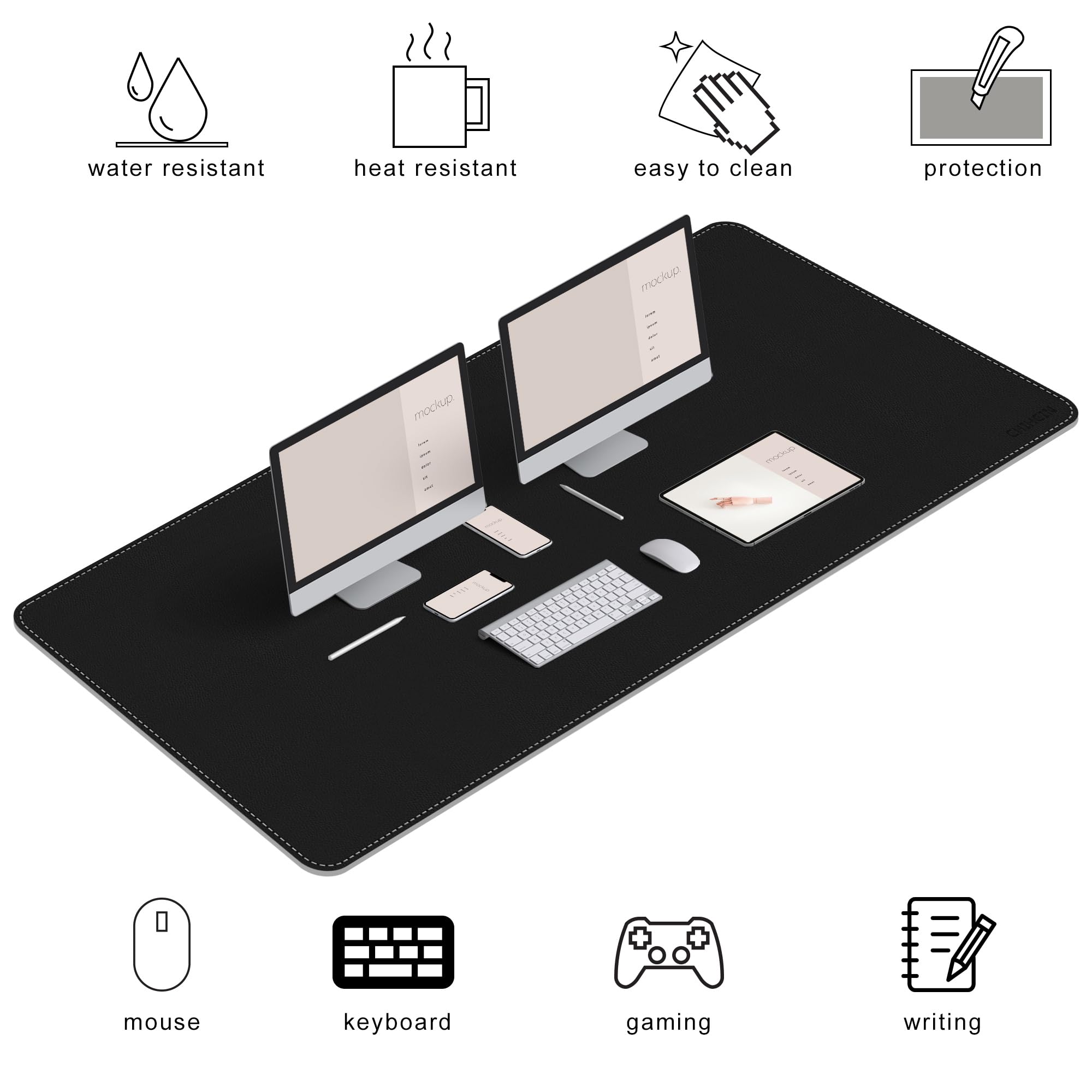 Chihein Tappetino da scrivania 4XL in pelle PU (nero/grigio), grande tappetino per mouse, protezione per scrivania su entrambi i lati, impermeabile, per gaming/ufficio/casa