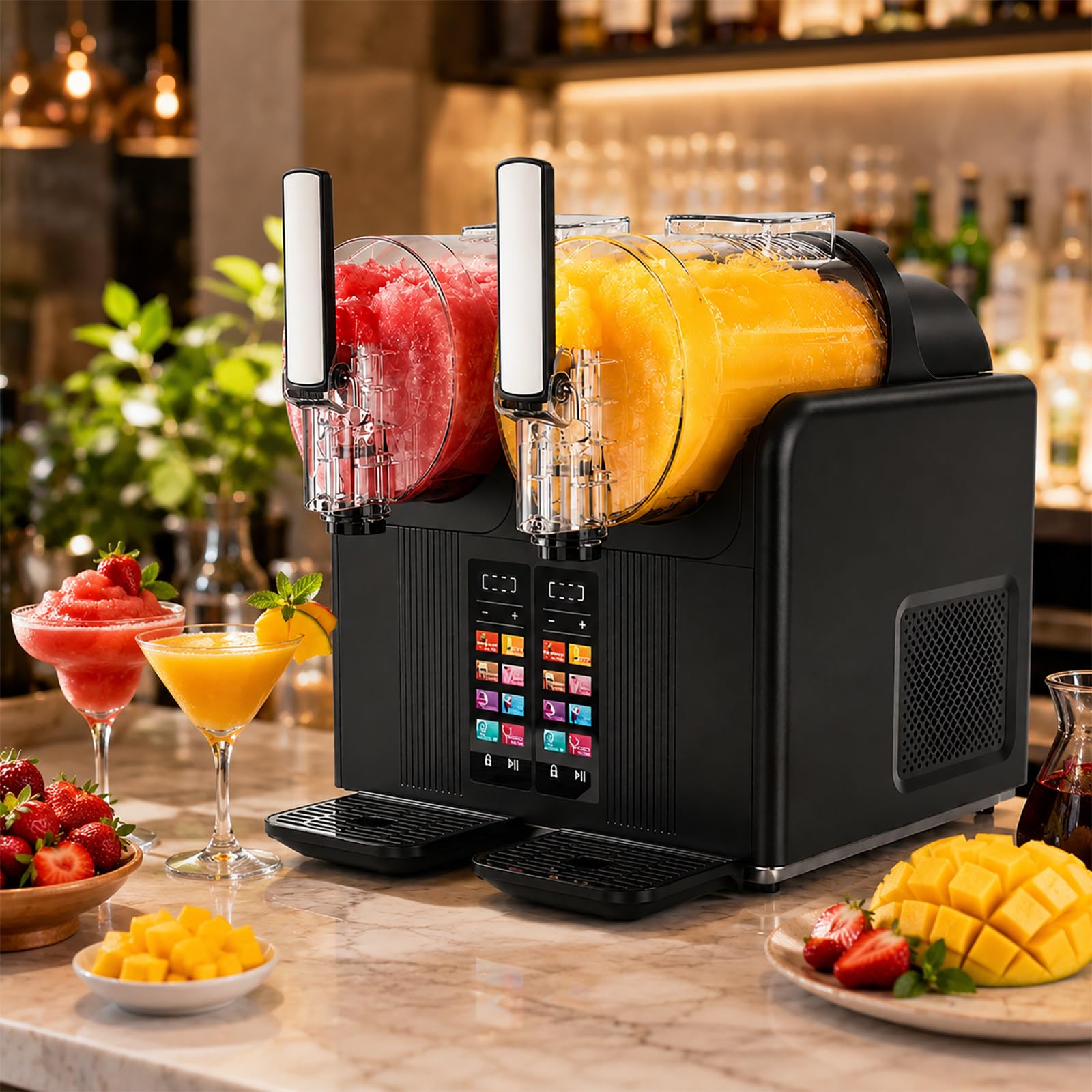 vnmudzeo Slushie Machine No Ice Needed - 4000ml Double Tank Freeze Drink Maker, 7 Presets, Auto Clean, Soft Serve for Home Party Use Black