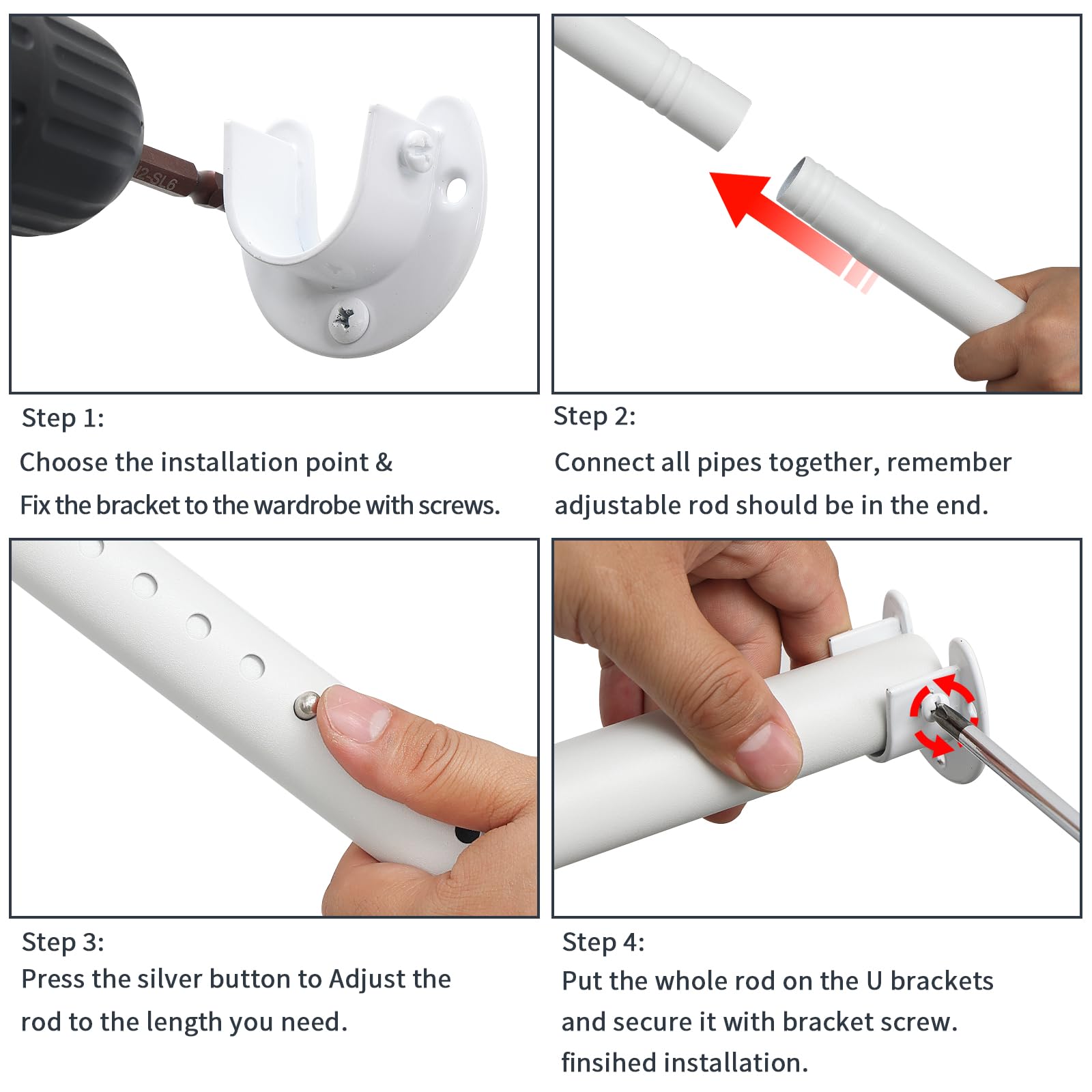 Asta per armadio regolabile 40-212 cm, asta appendiabiti estensibile per vestiti, asta resistente per armadio, bianco