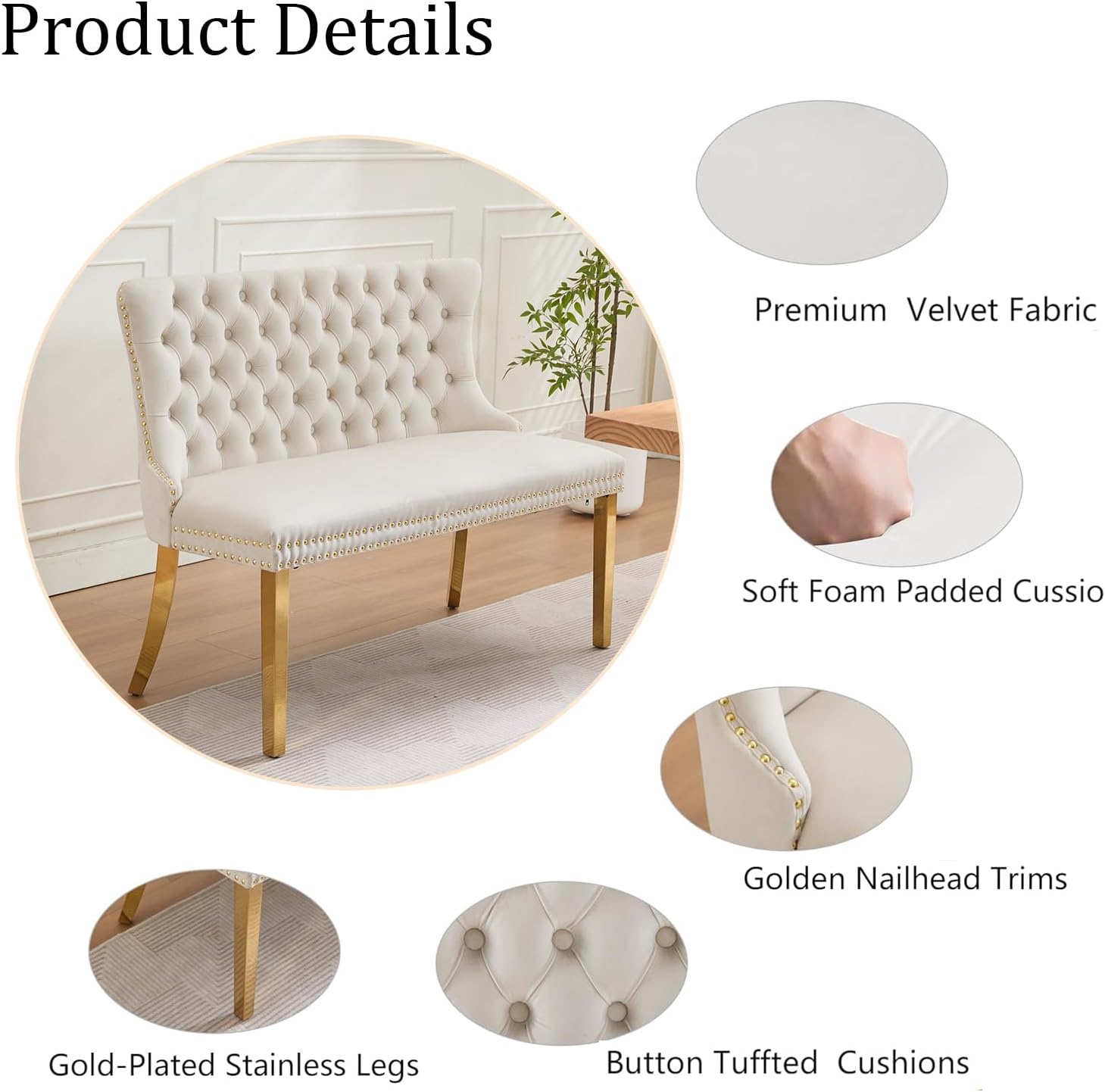 Mid Century Modern Dining Settee Loveseat Bench, Armless Kitchen Seating with Wing Back, Upholstered Nailhead Trim Banquette Bench with Gold Legs for Dining Living Room Hallway (Beige)