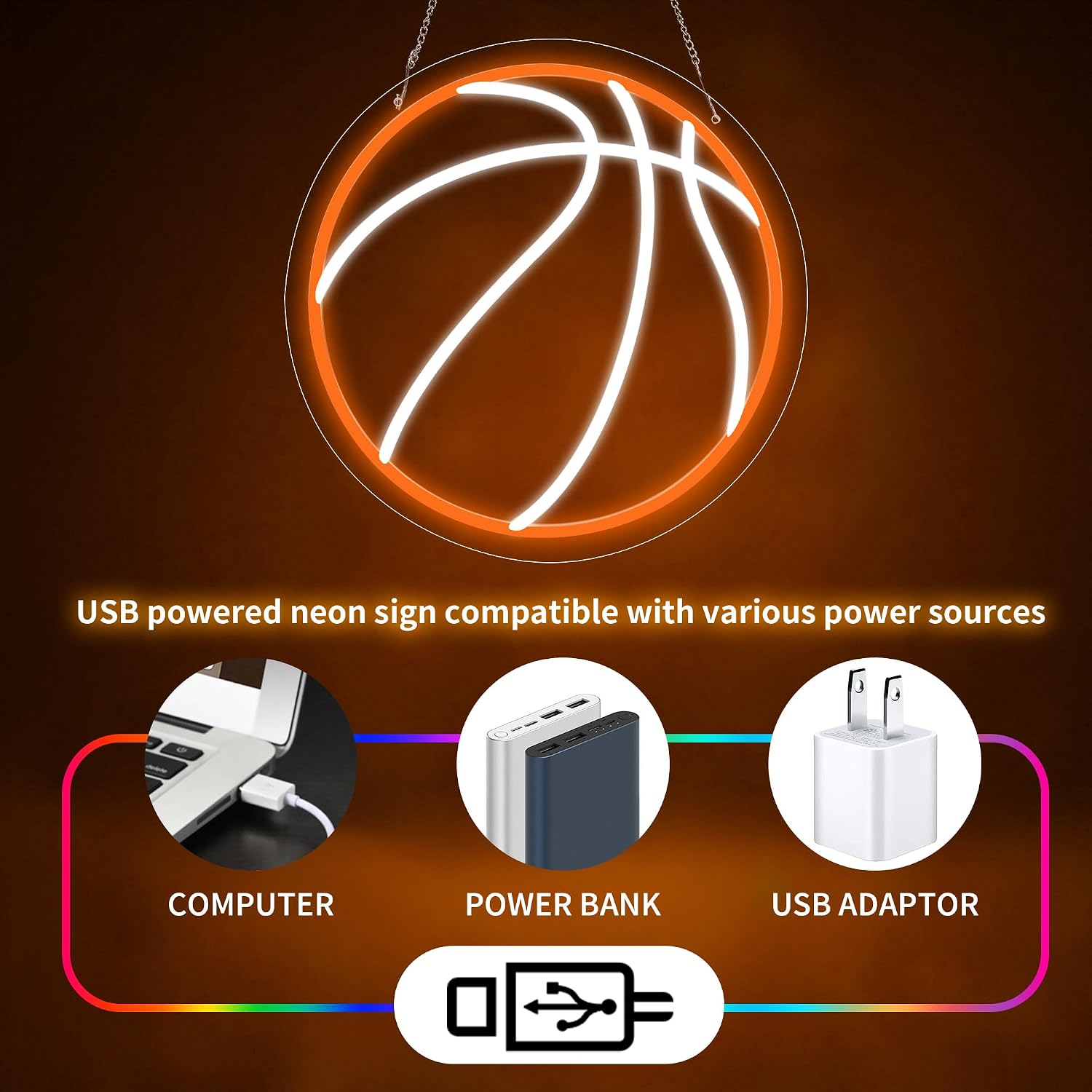 Basketball Neon Sign, Dimmable Basketball Light for Boys Room Decor, Powered by USB Neon Signs for Wall Decor, Sports Decorations for Boys Bedroom, Birthday Party, Home Decor, College Gifts
