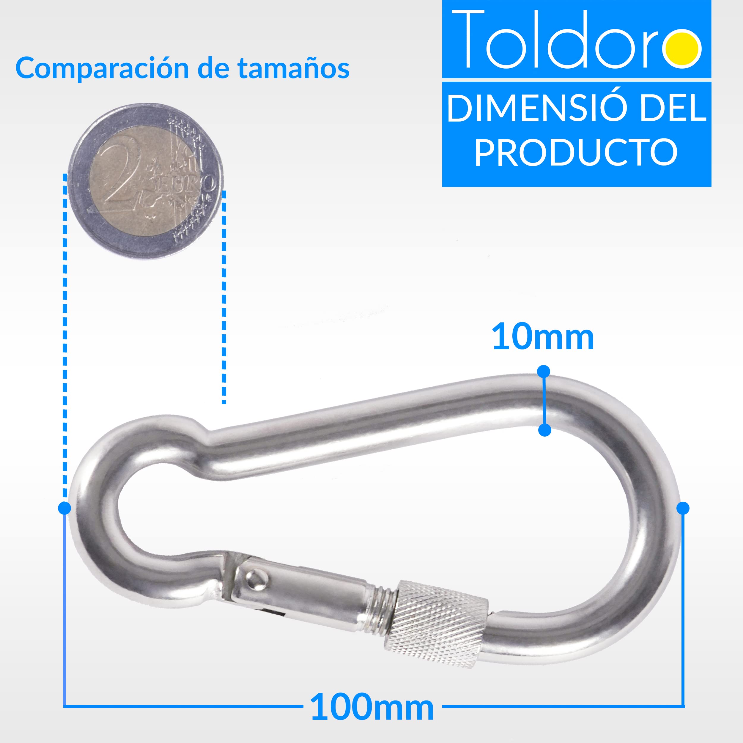 Toldoro Mosquetón de acero inoxidable con cierre de seguridad, mosquetón de 100 mm, mosquetón para fijación, mosquetón de acero inoxidable con cierre