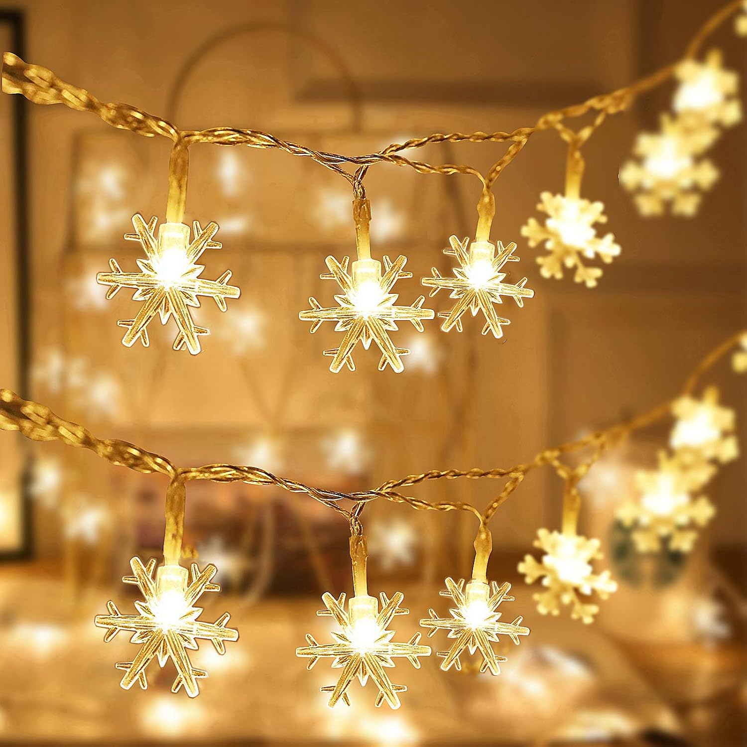AnNido Snowflake Lights Christmas Lights，Battery Operated 20ft 40 LED Fairy Lights 2 Modes Waterproof Warm Lights Indoor Outdoor for Xmas Garden Patio Bedroom Party Decorations