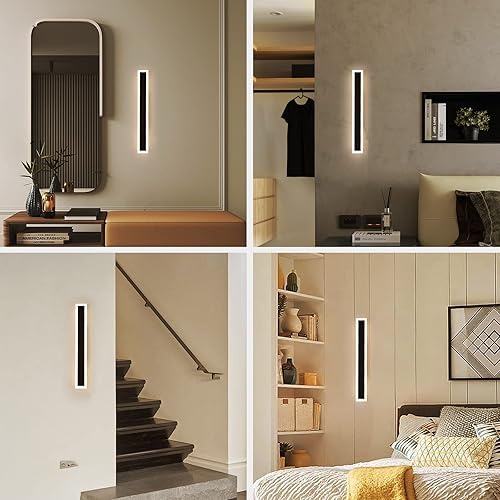 Miniatura 4 de DIKAIDA Moderno aplique de pared enchufable para interiores y exteriores, 24 pulgadas, luz LED de pared negra mate de 20 W, blanco cálido, 3000 K,